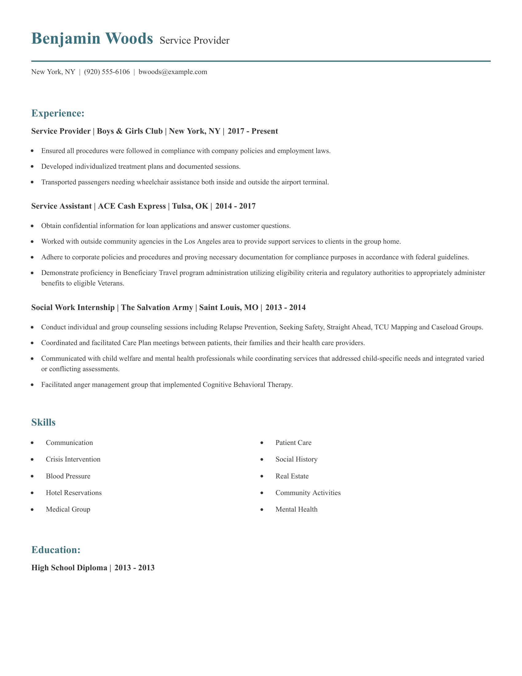 Service Provider resume example