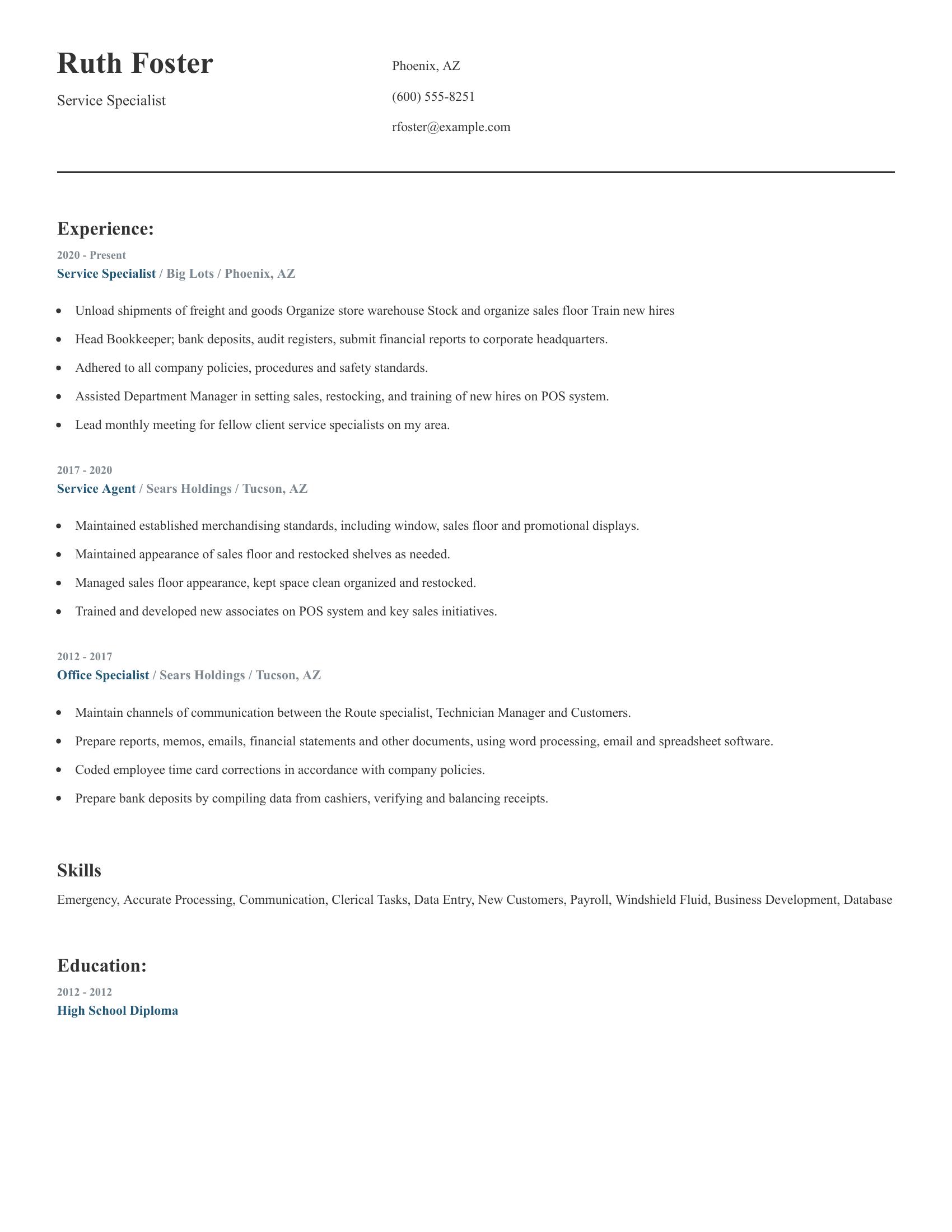 Service Specialist resume example