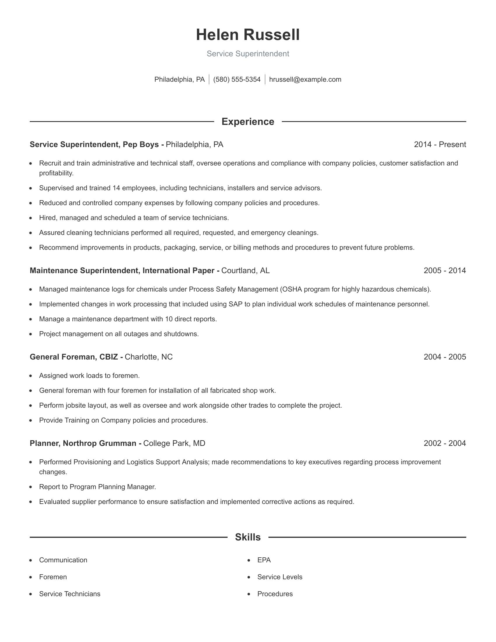 Service Superintendent resume example