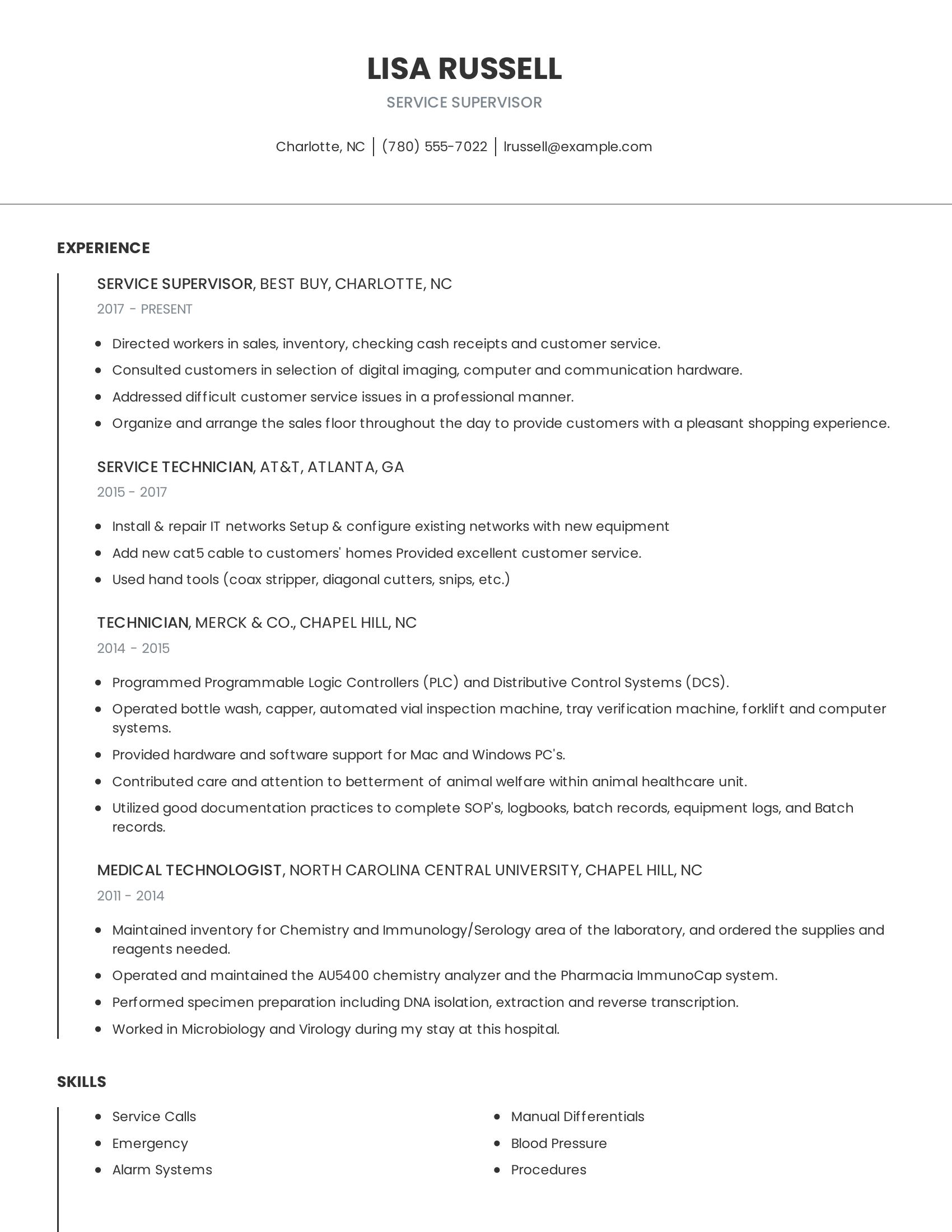 Service Supervisor resume example