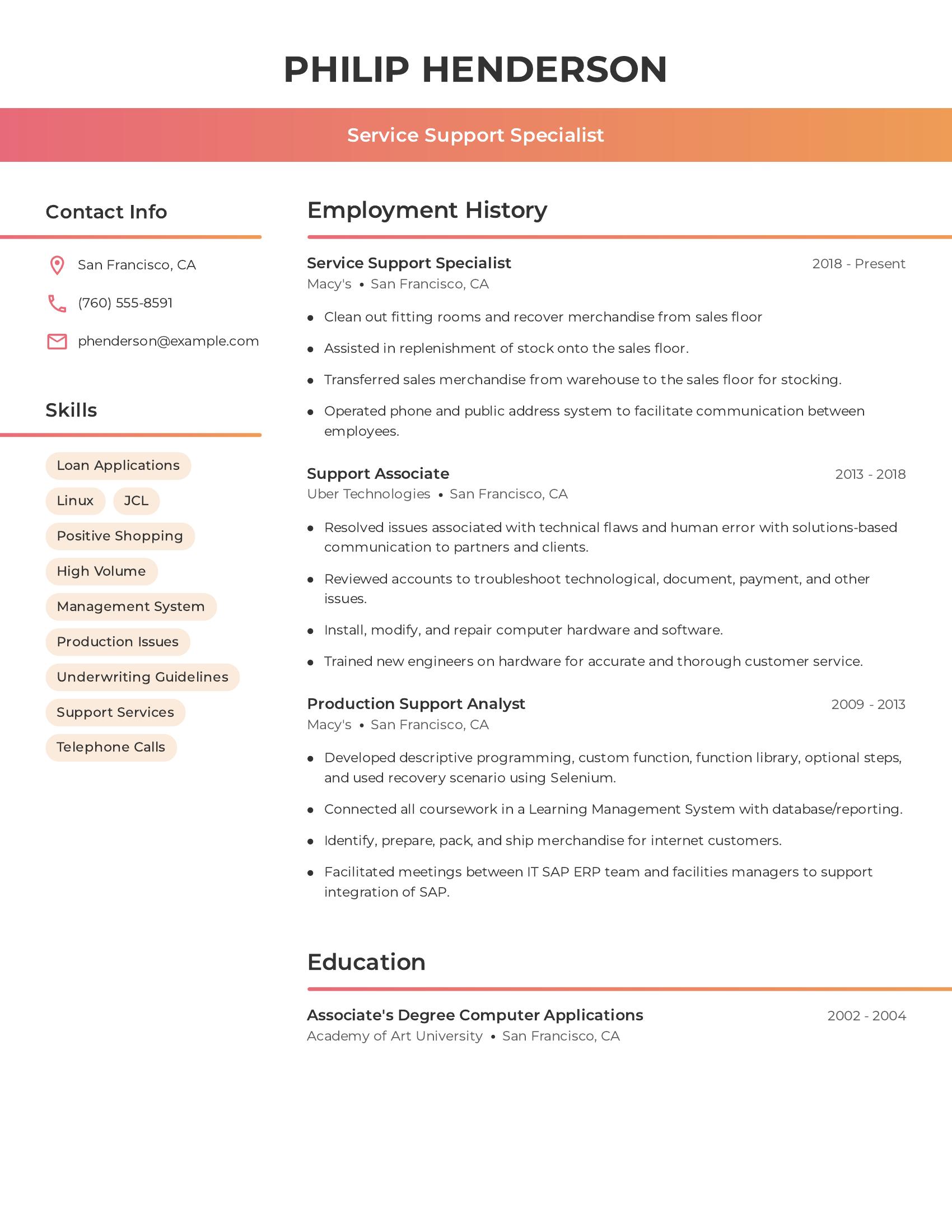 Service Support Specialist resume example