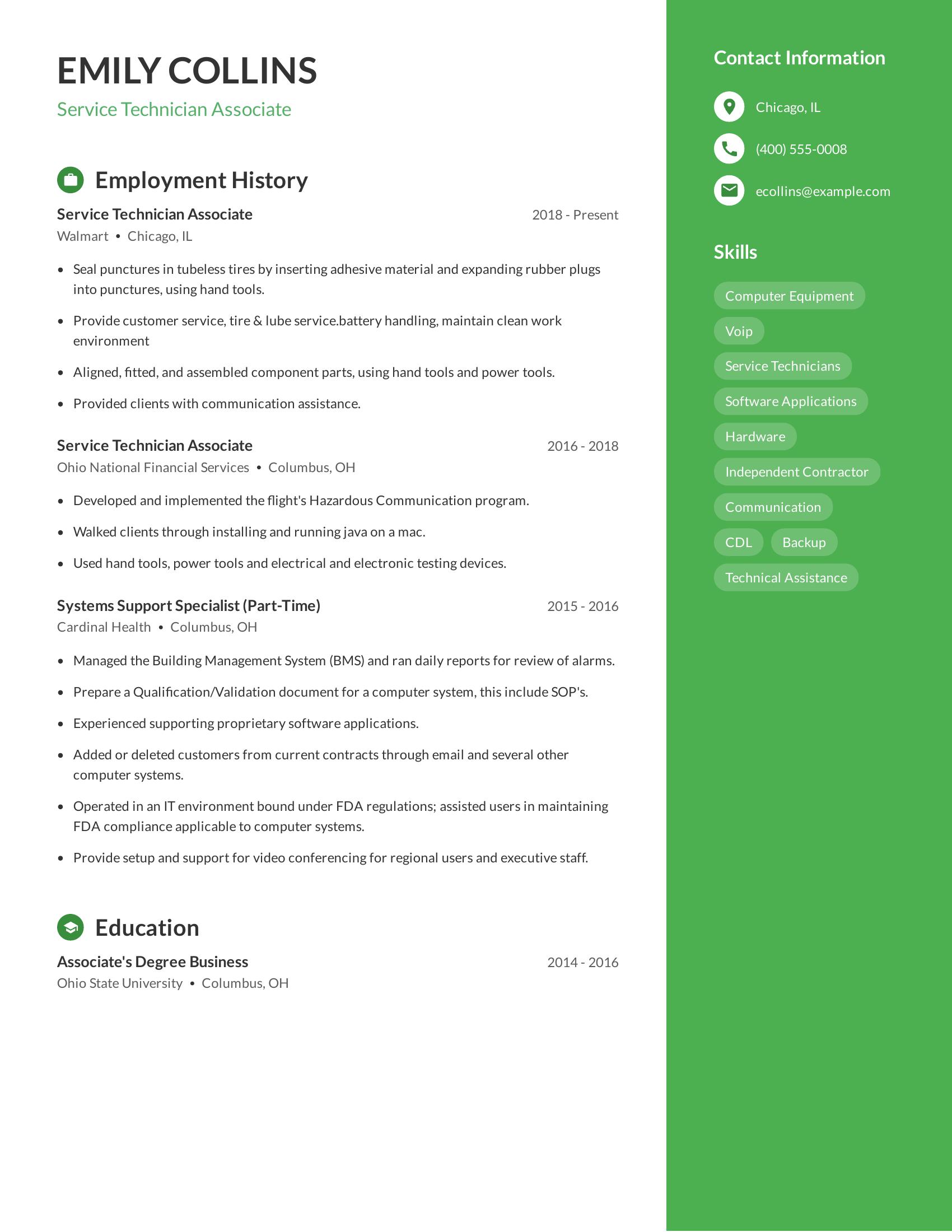 Service Technician Associate resume example