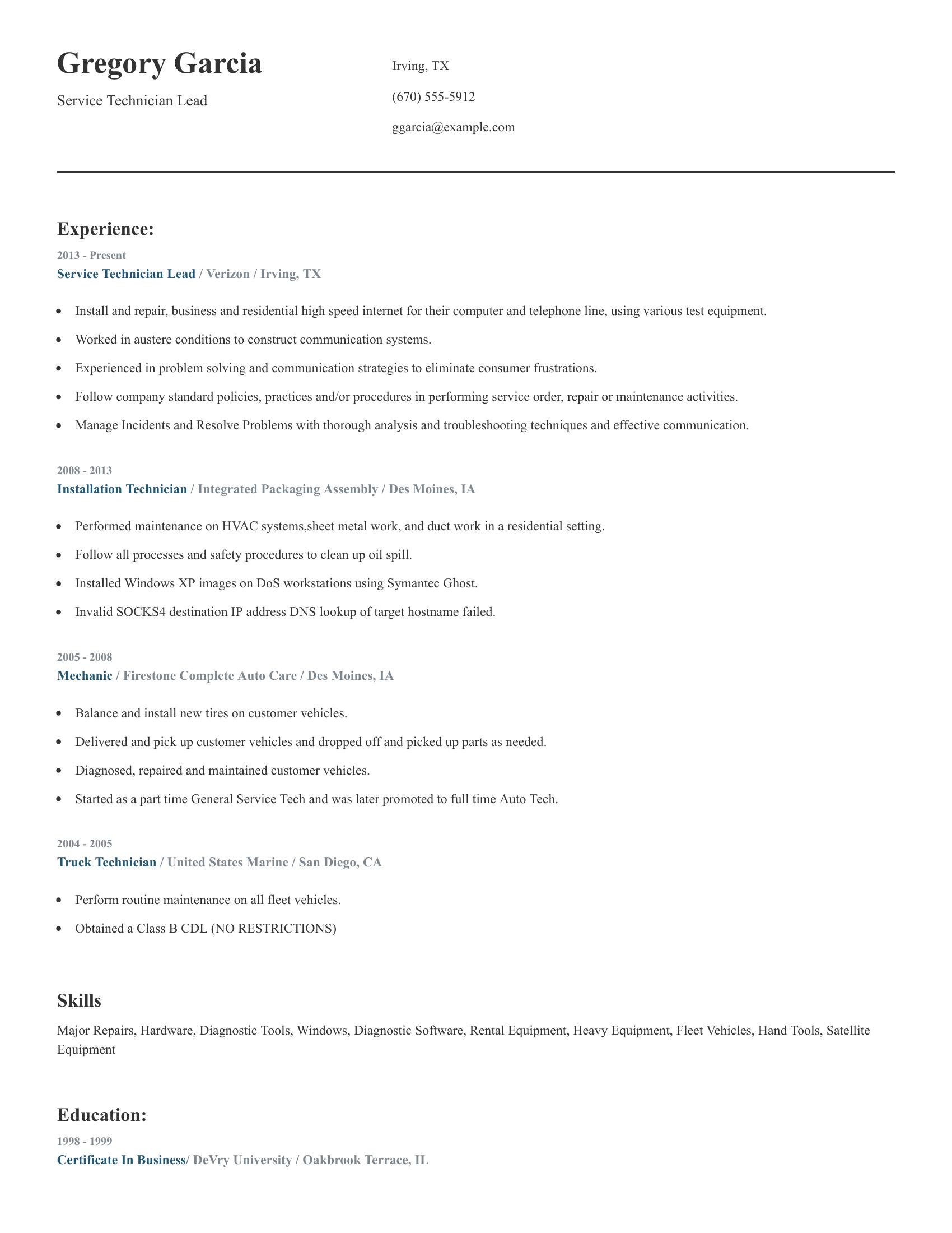 Service Technician Lead resume example