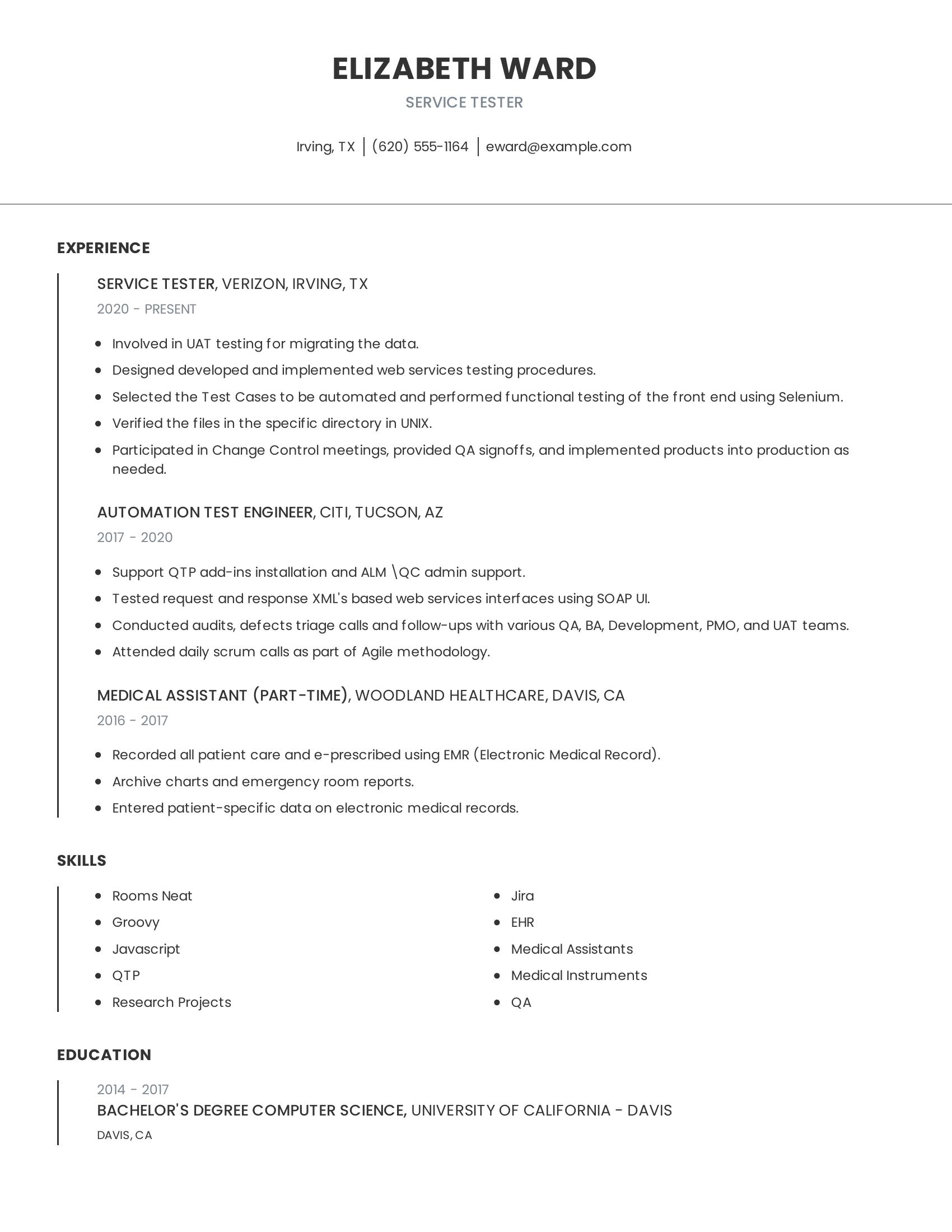 Service Tester resume example