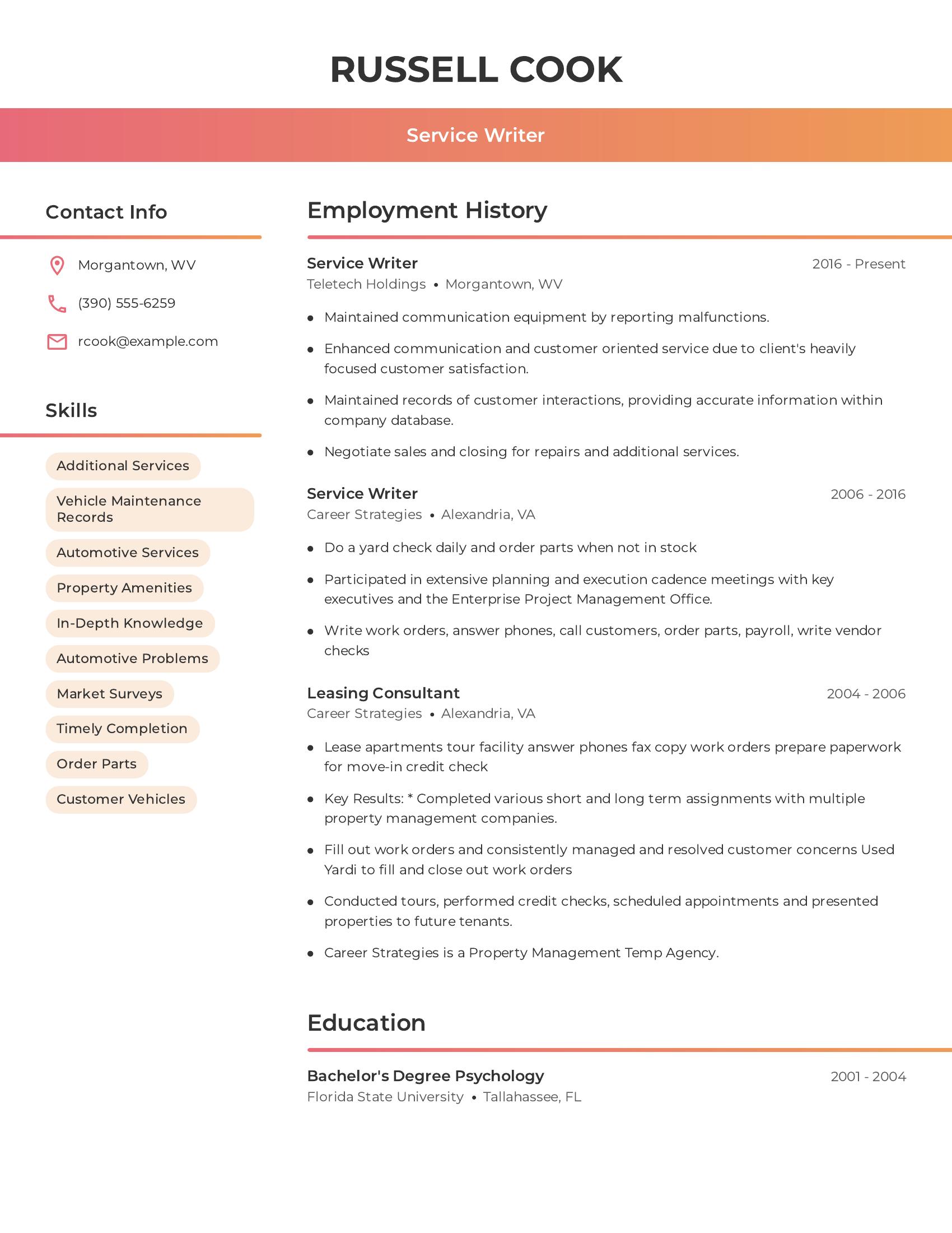 Service Writer resume example