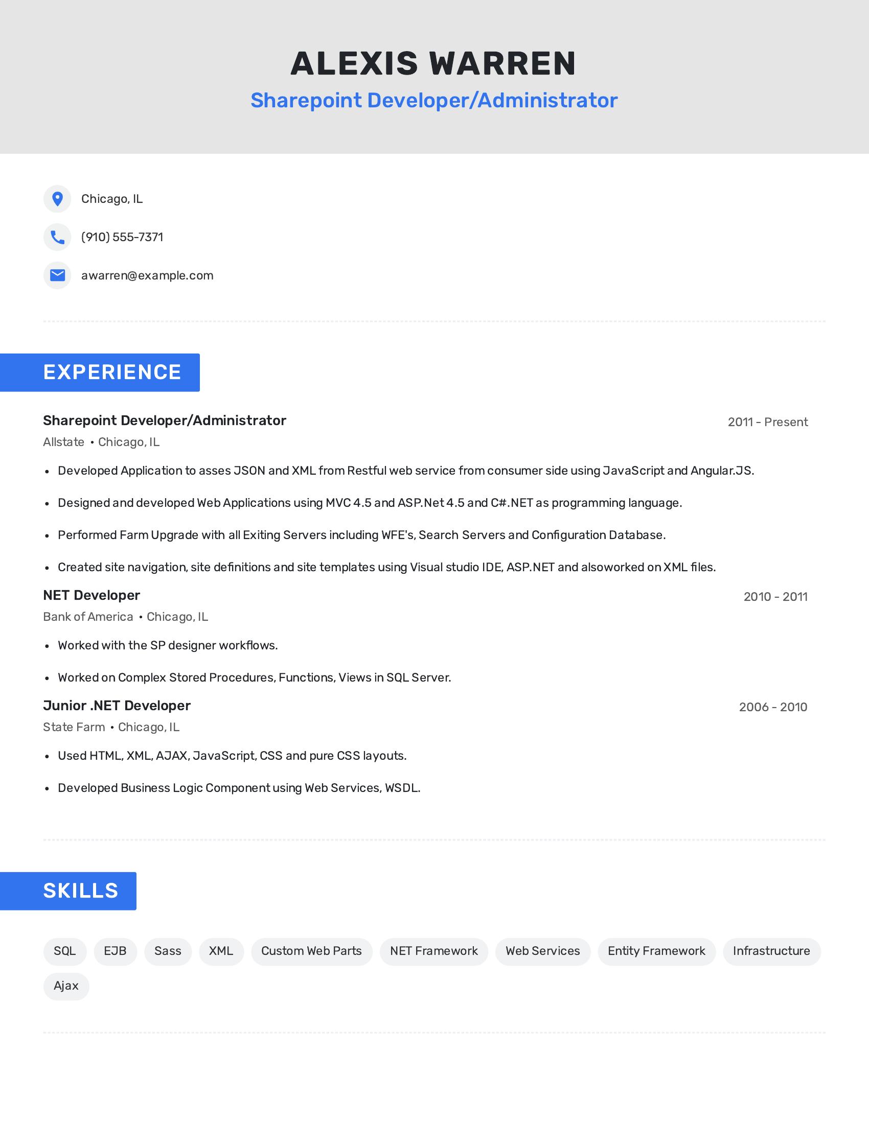 Sharepoint Developer/Administrator resume example