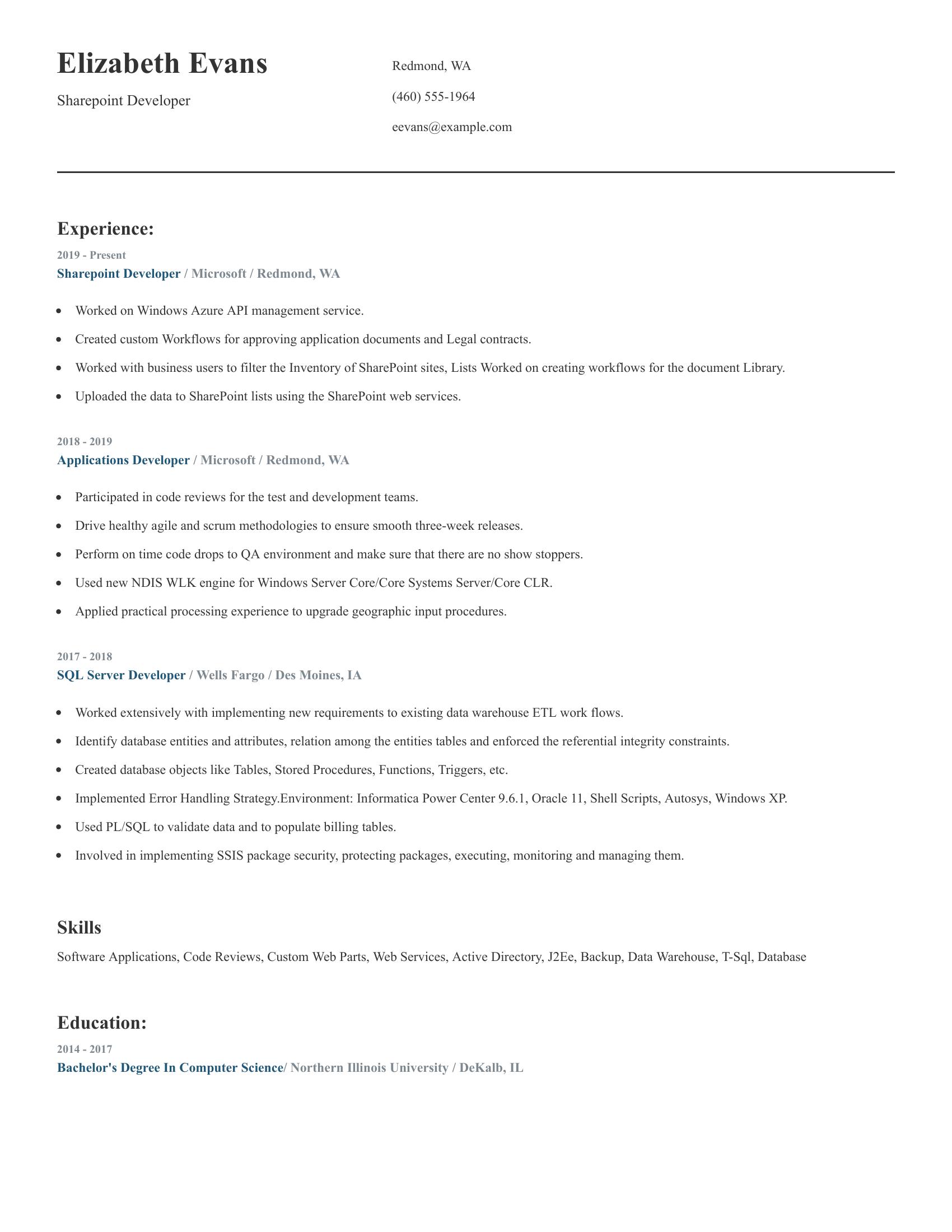 Sharepoint Developer resume example