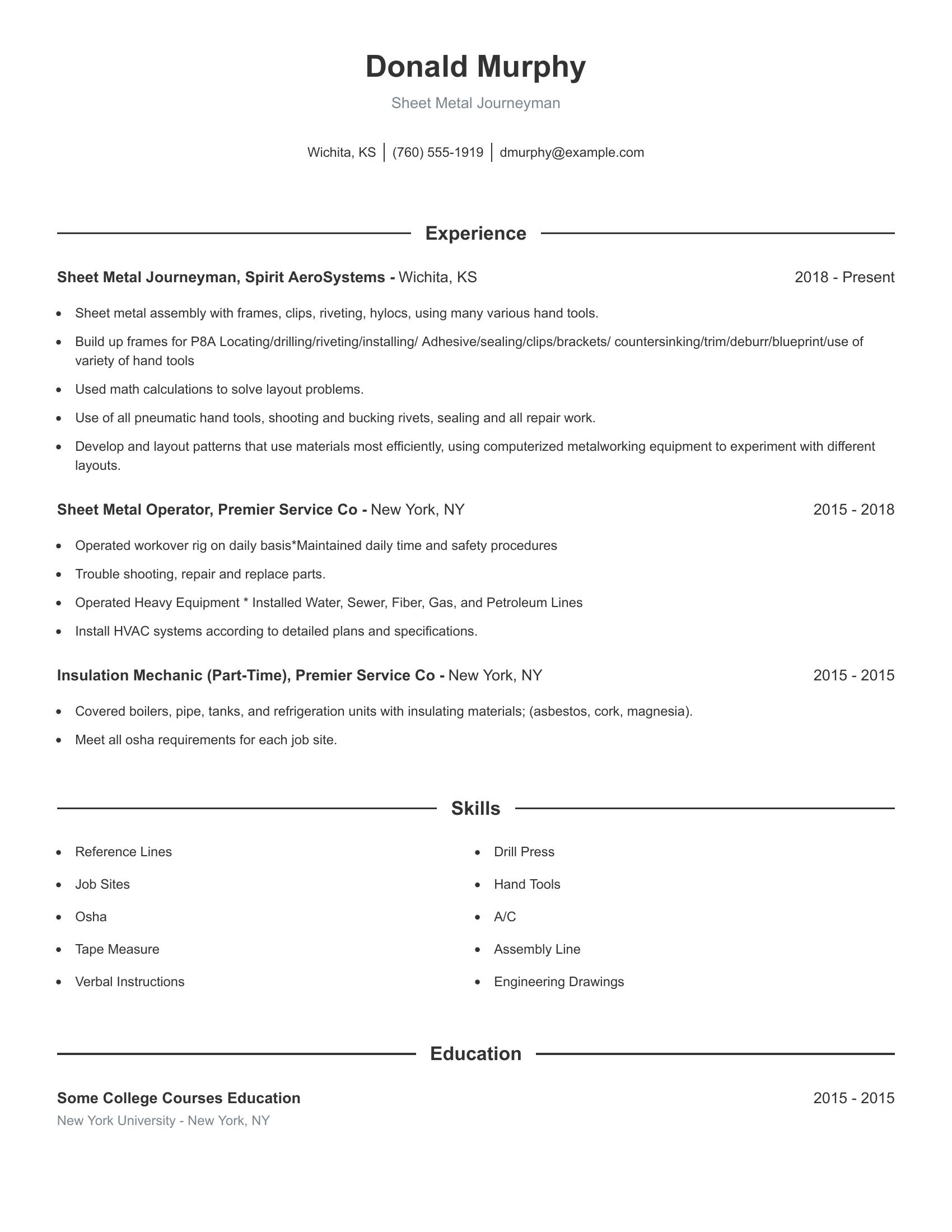 Sheet Metal Journeyman resume example