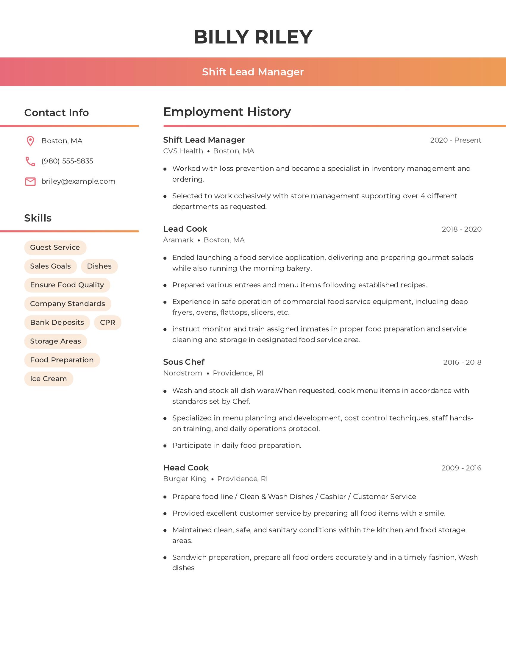 Shift Lead Manager resume example