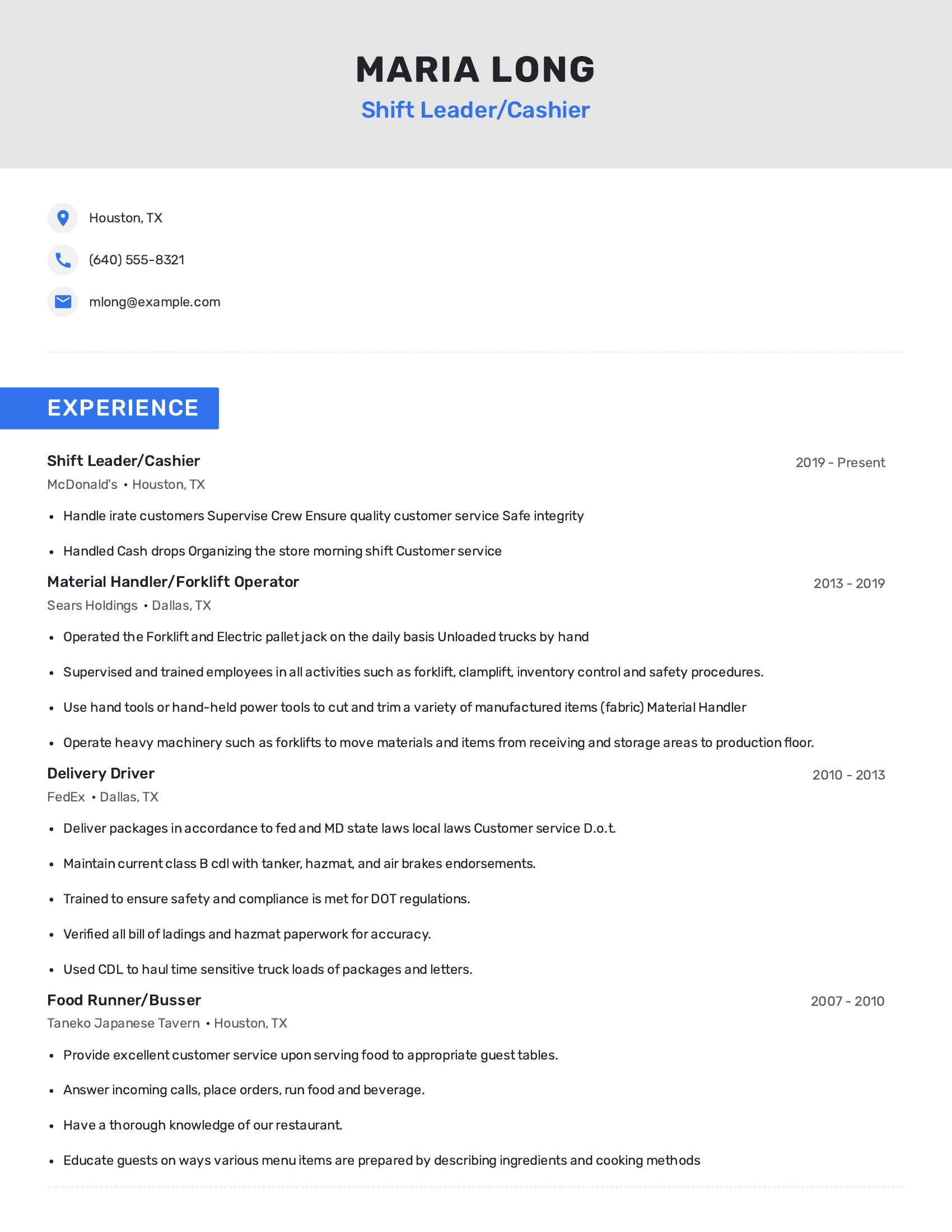 Shift Leader/Cashier resume example