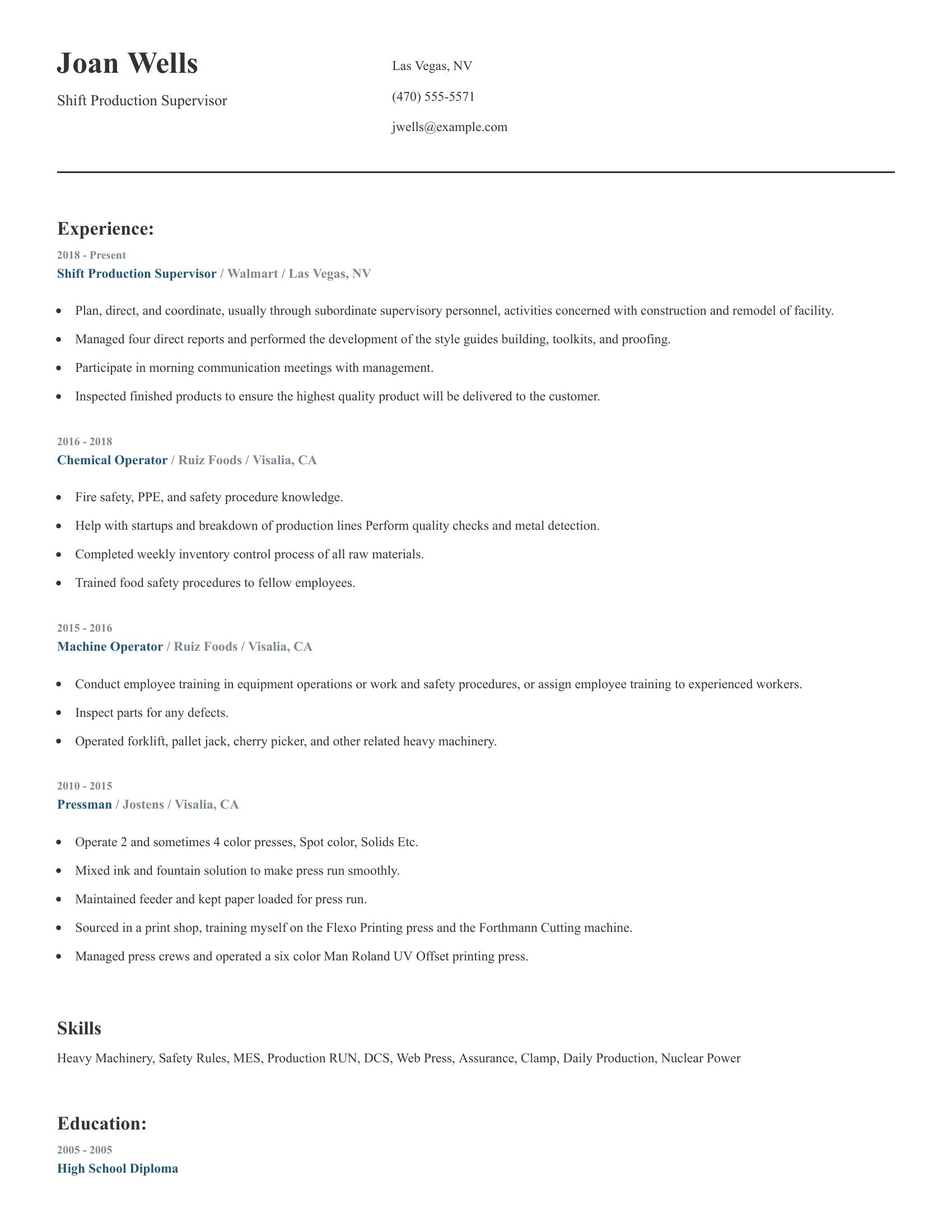Shift Production Supervisor resume example