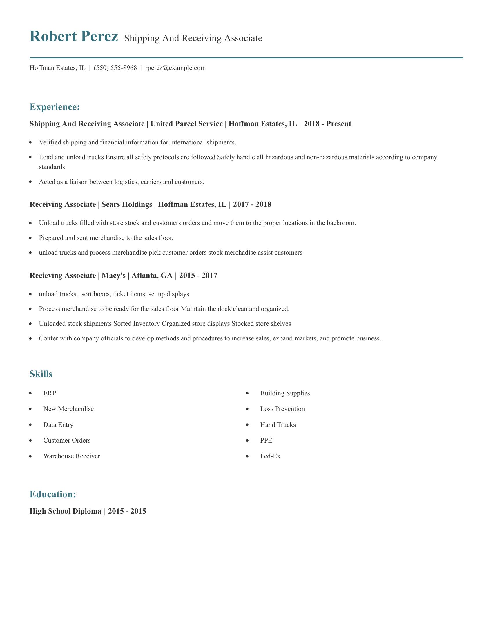 Shipping And Receiving Associate resume example