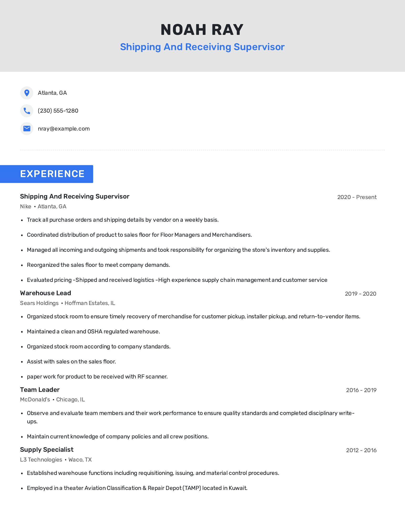 Shipping And Receiving Supervisor resume example