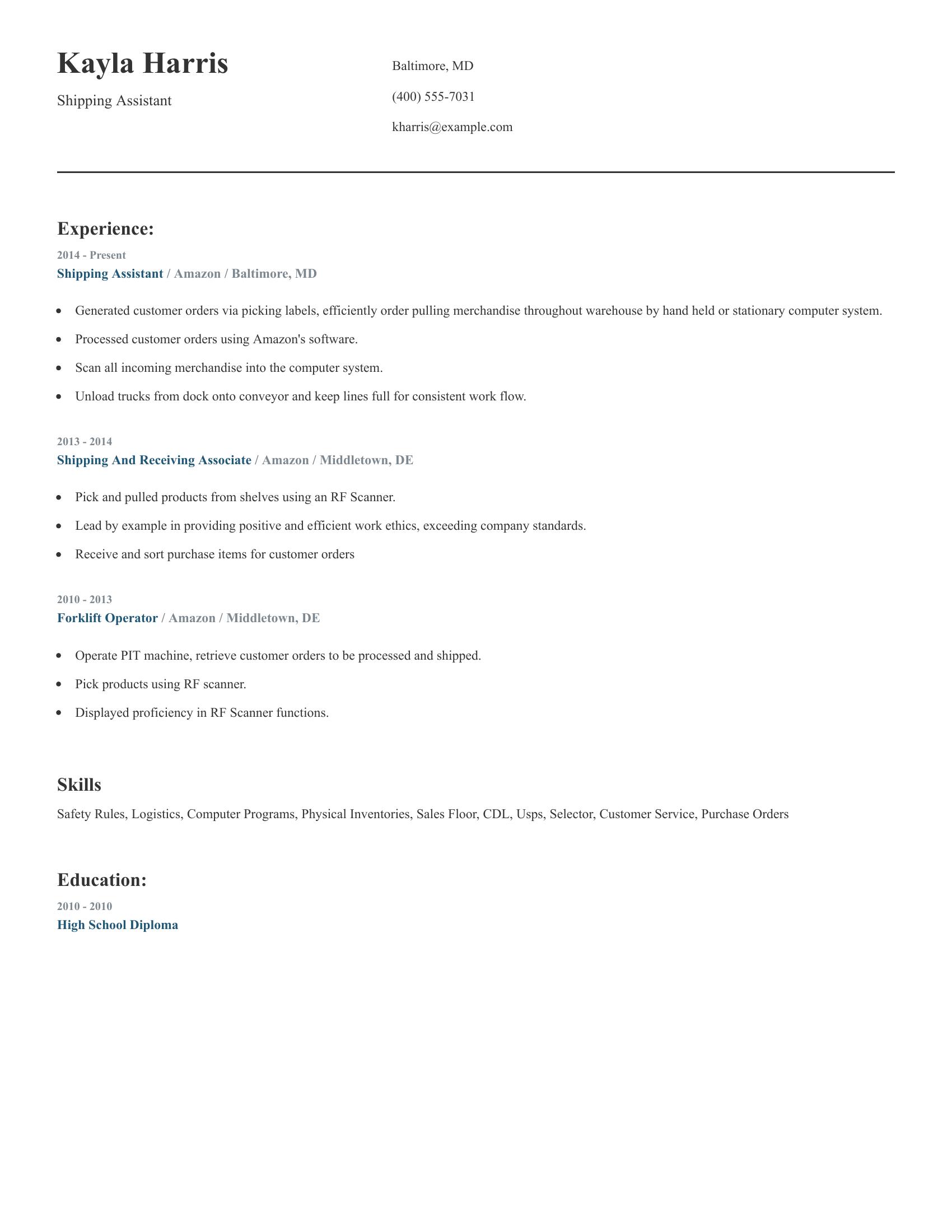 Shipping Assistant resume example