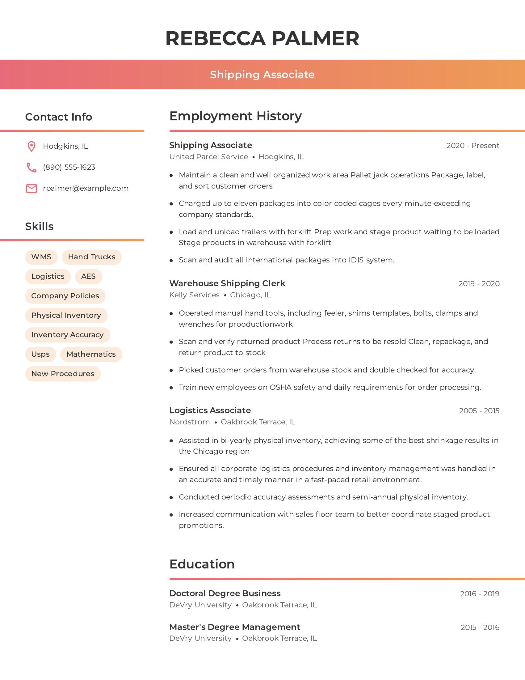 Shipping Associate resume example