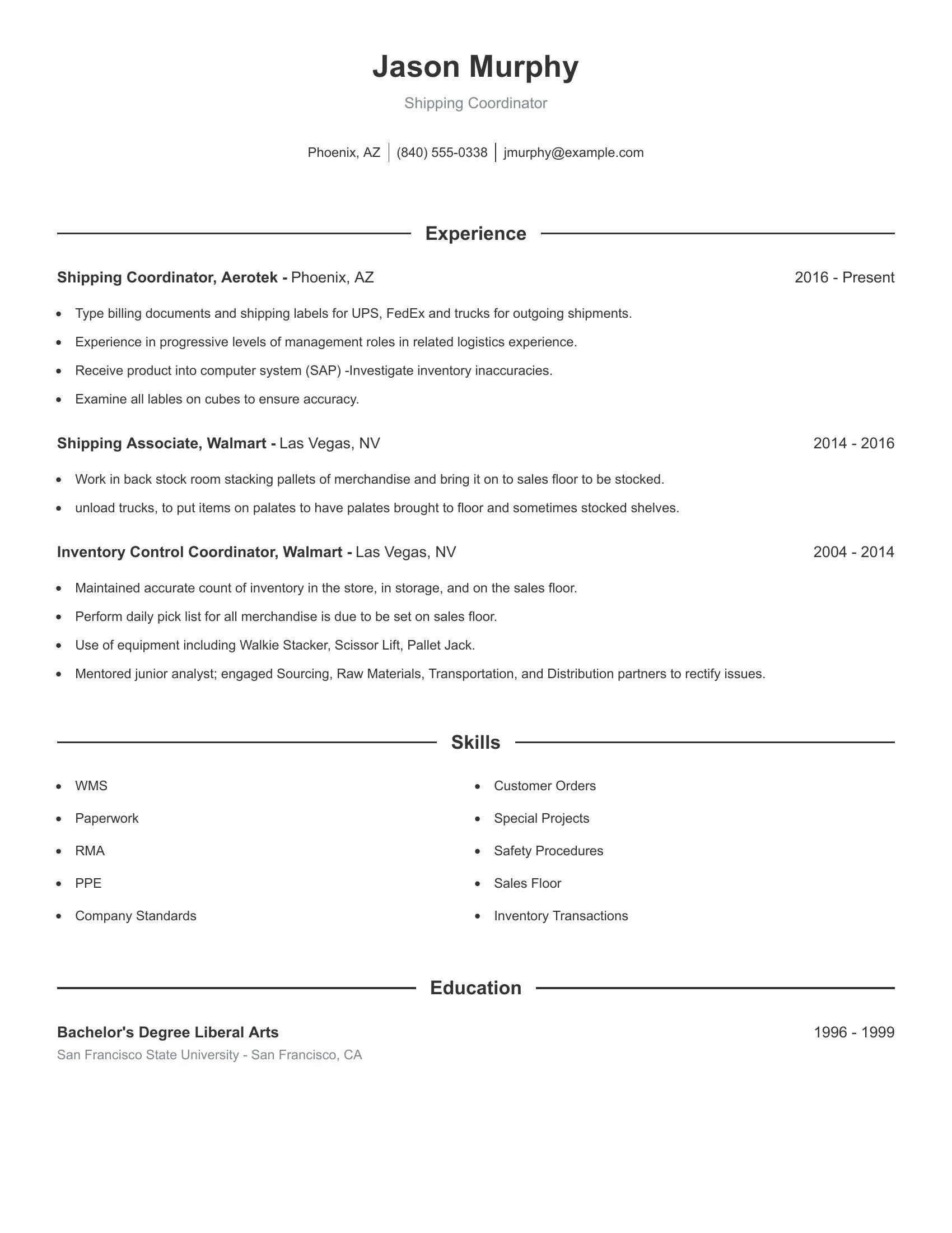 Shipping Coordinator resume example