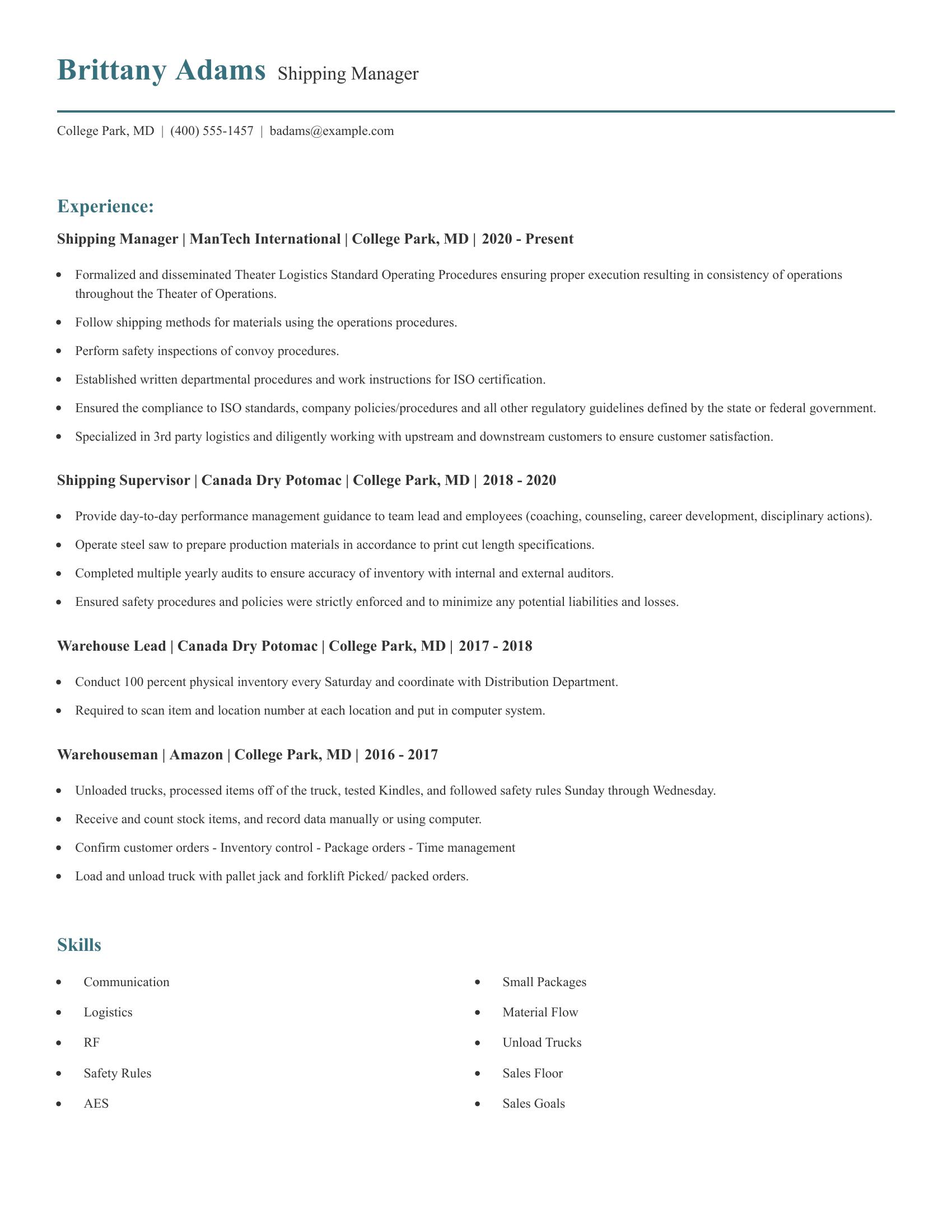 Shipping Manager resume example