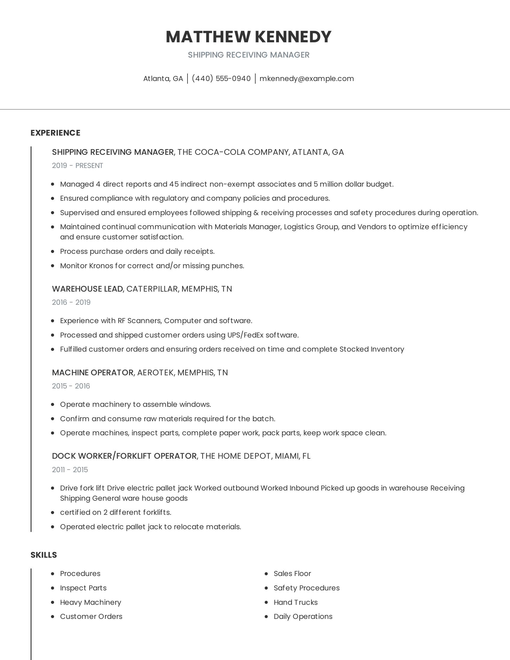 Shipping Receiving Manager resume example