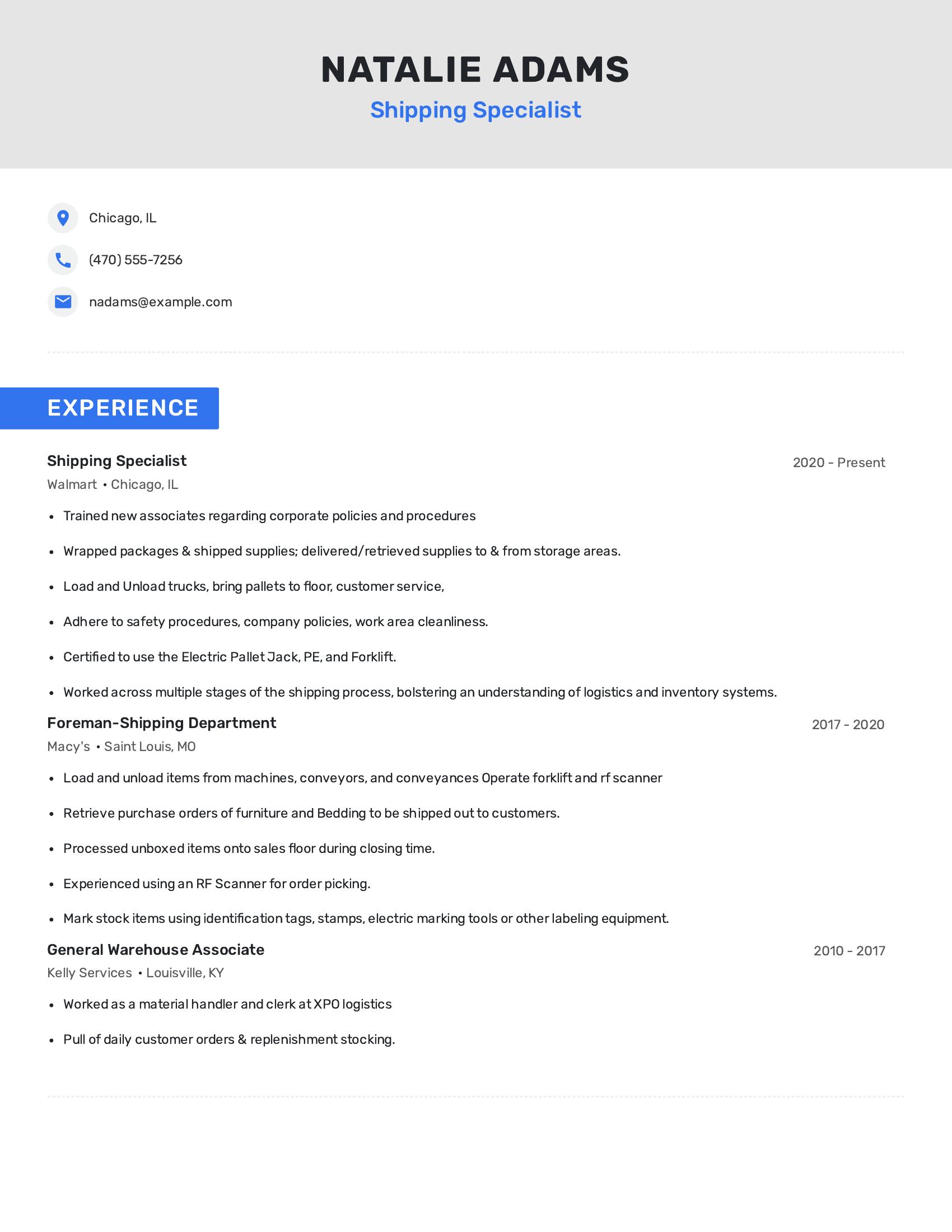 Shipping Specialist resume example