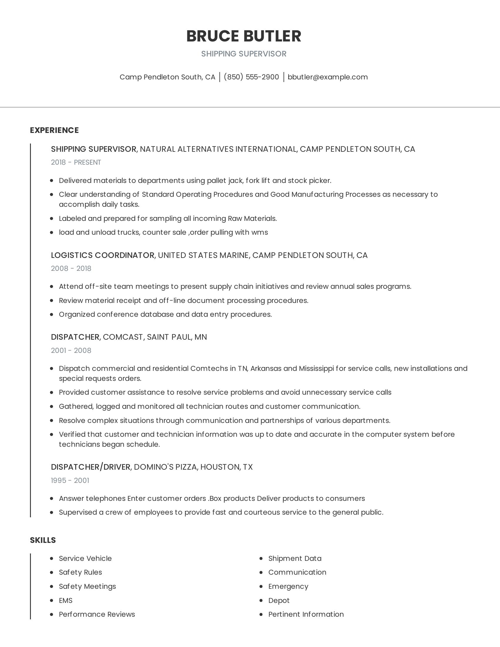 Shipping Supervisor resume example