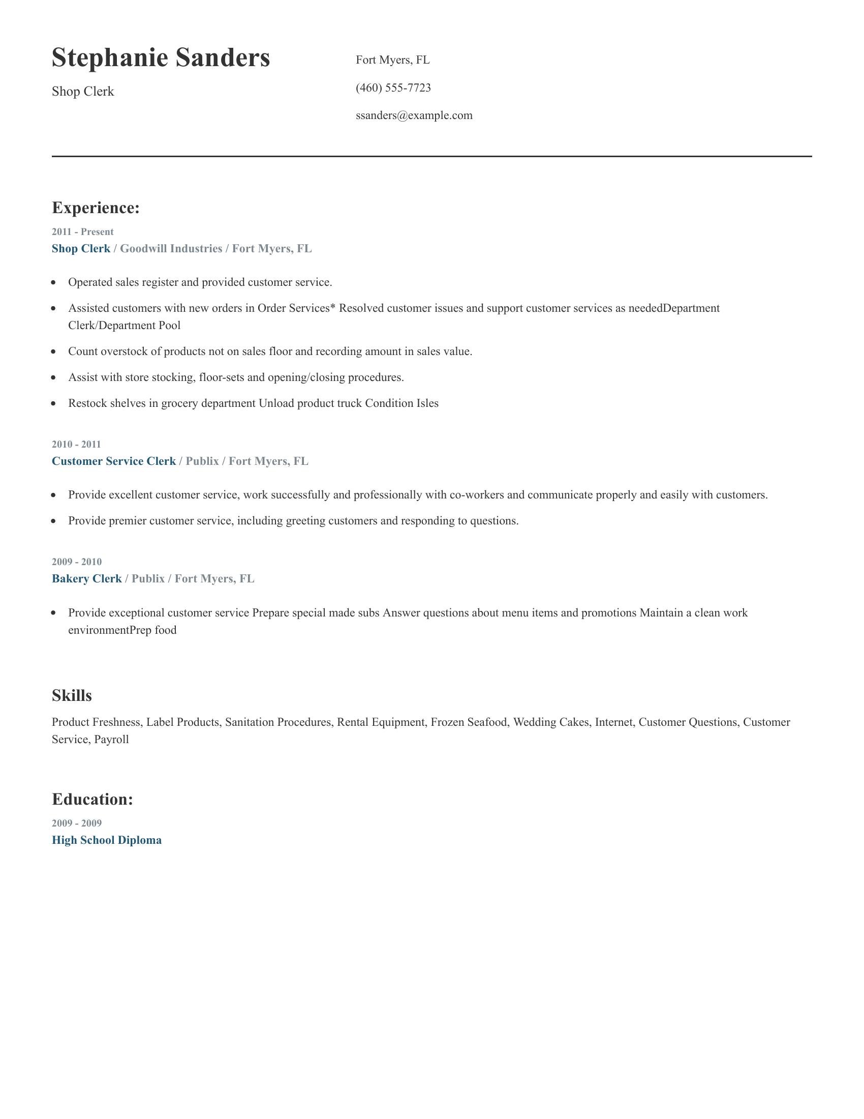 Shop Clerk resume example