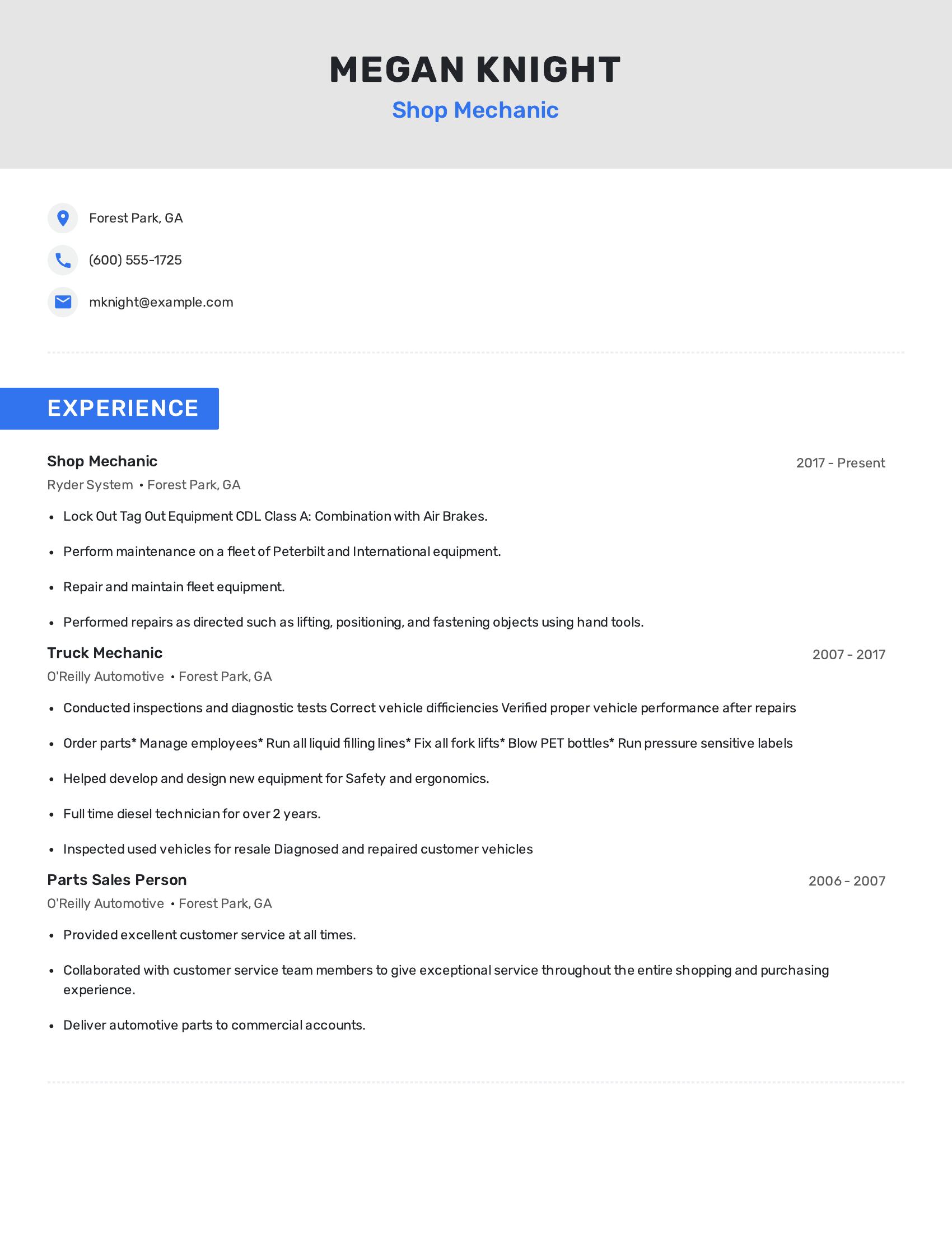 Shop Mechanic resume example