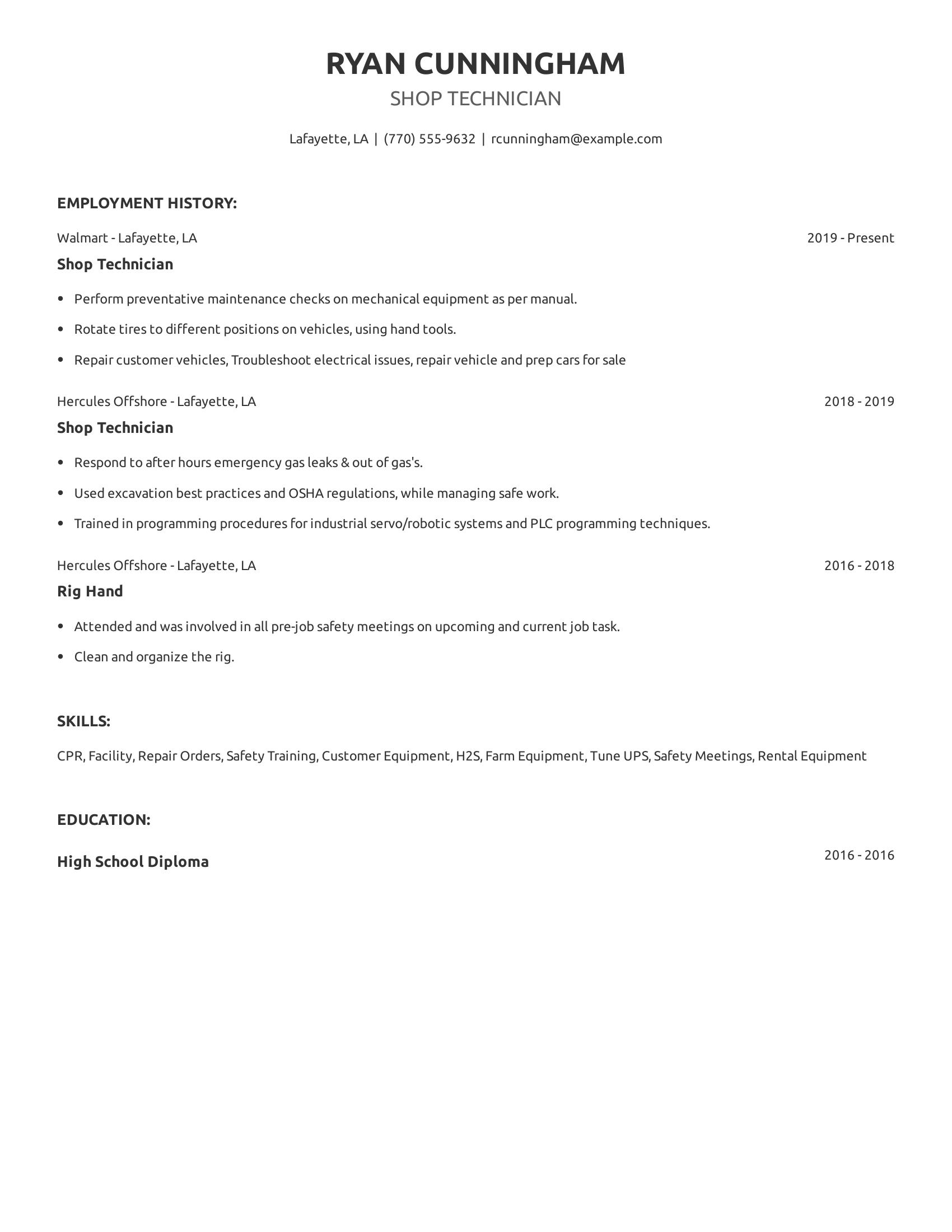 Shop Technician resume example