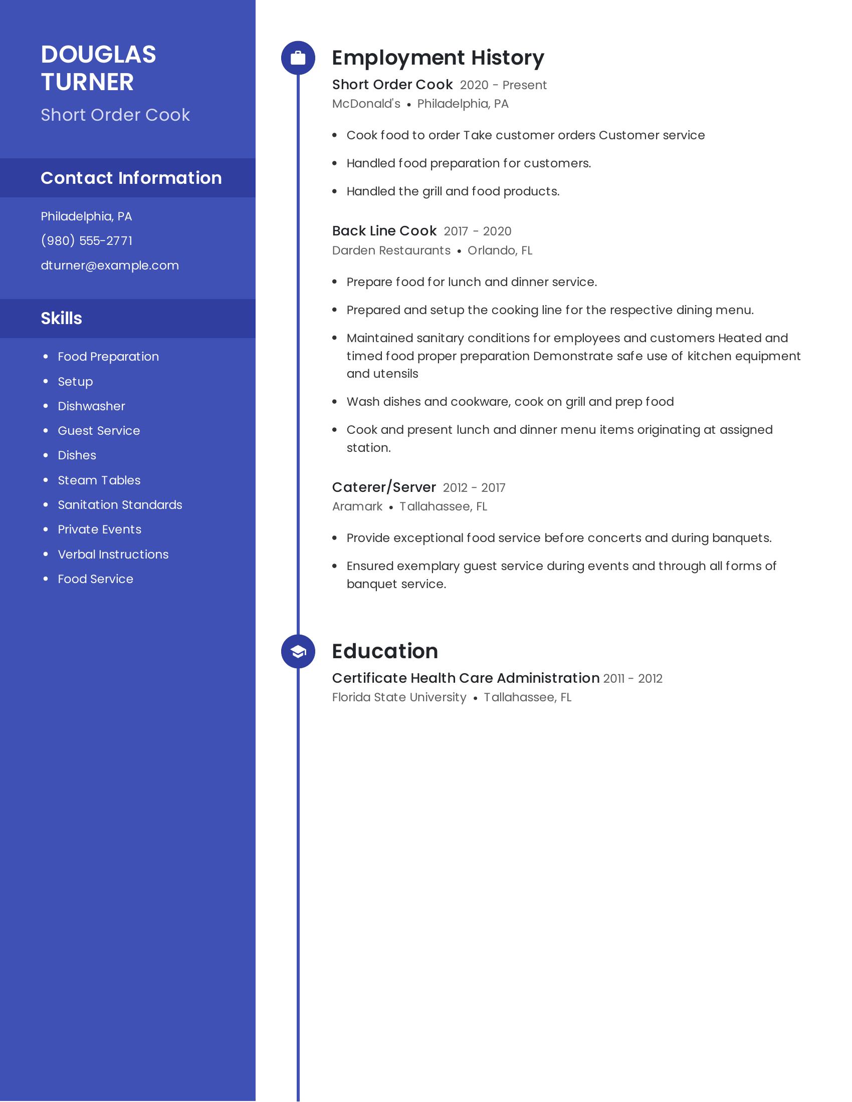 Short Order Cook resume example