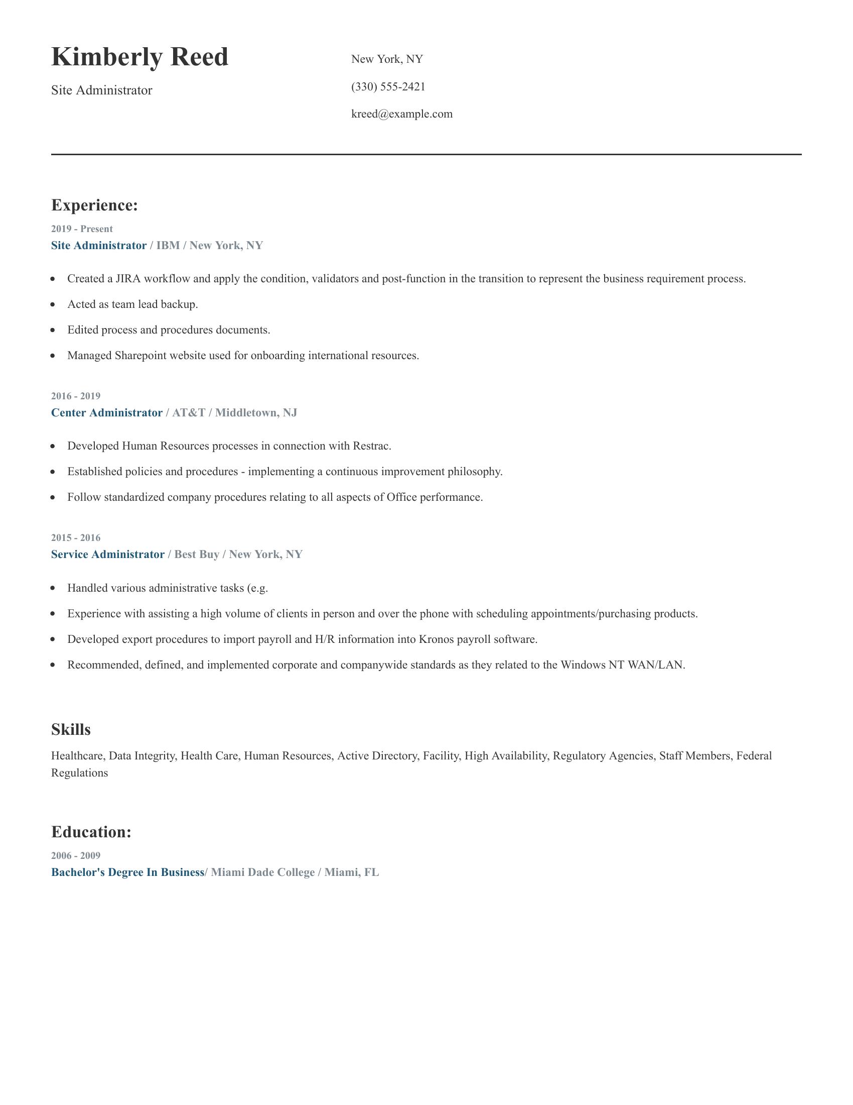 Site Administrator resume example