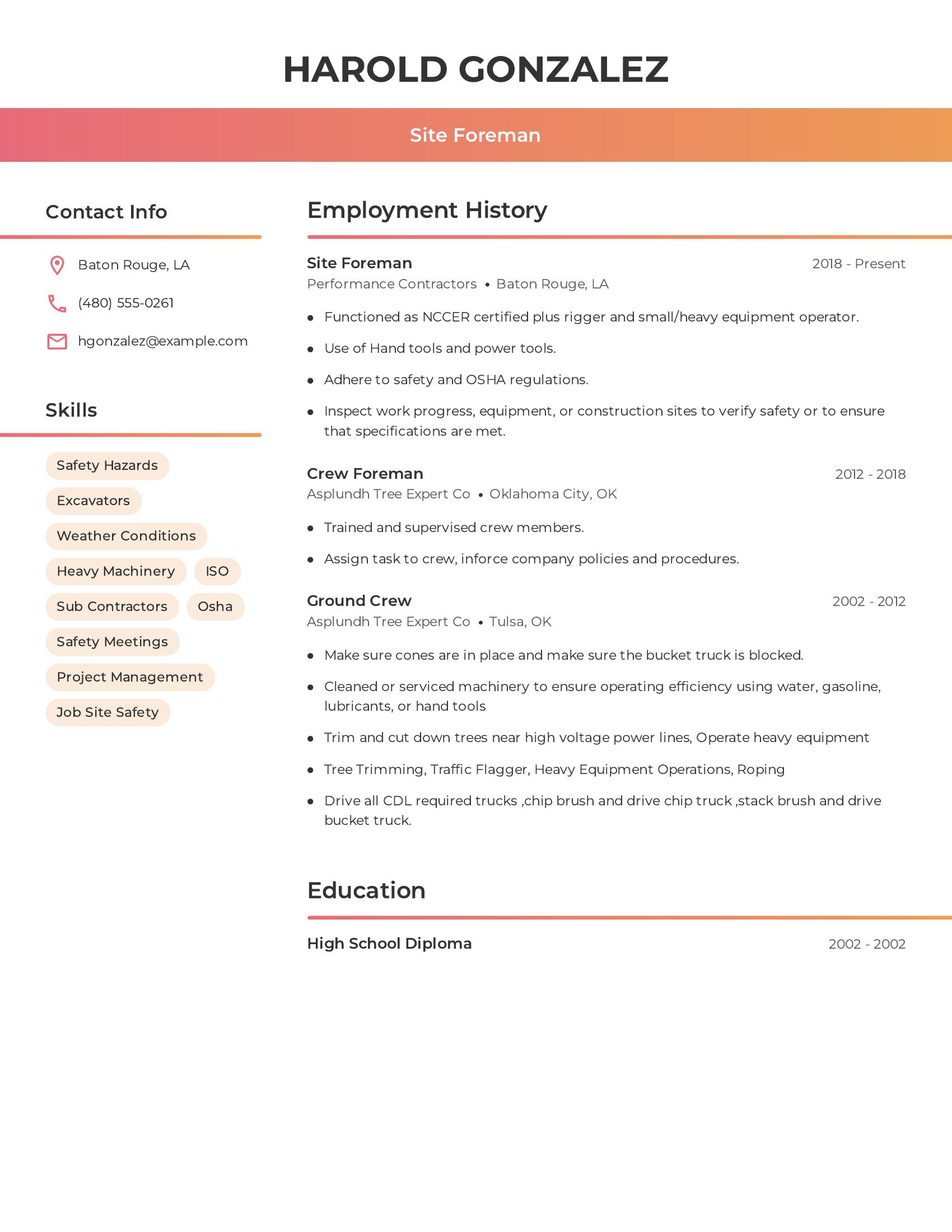 Site Foreman resume example