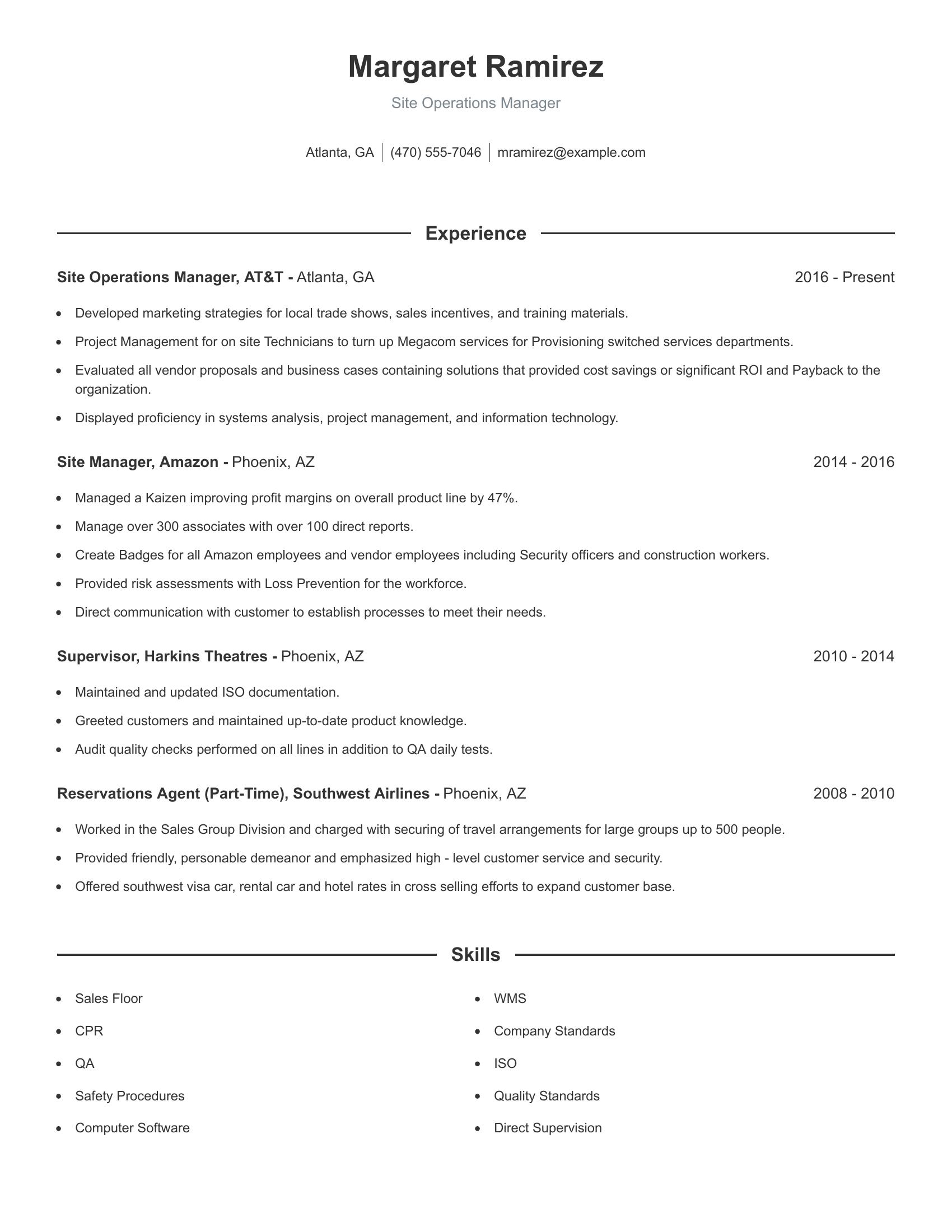 Site Operations Manager resume example