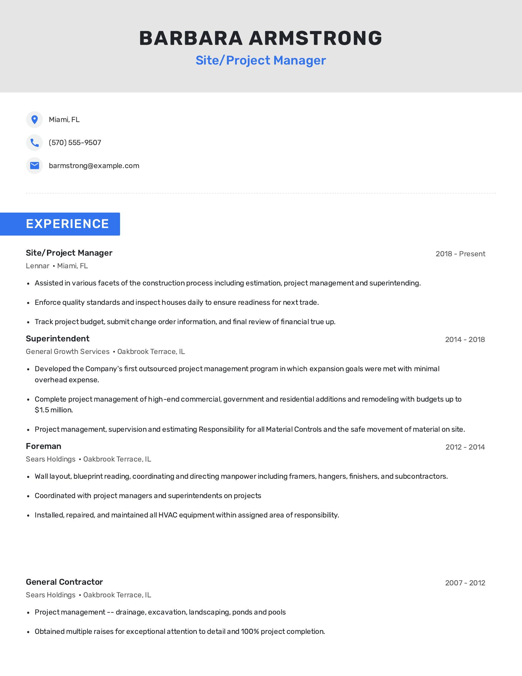 Site/Project Manager resume example