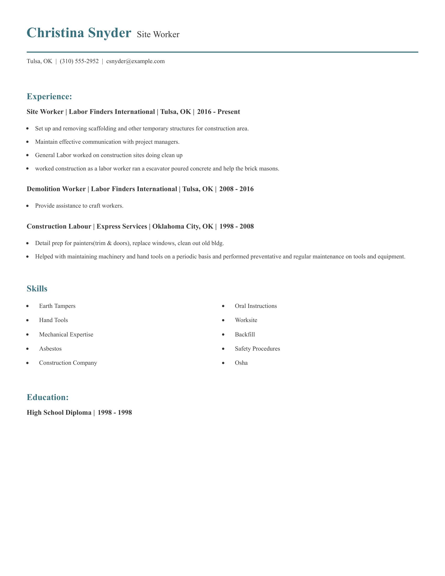 Site Worker resume example