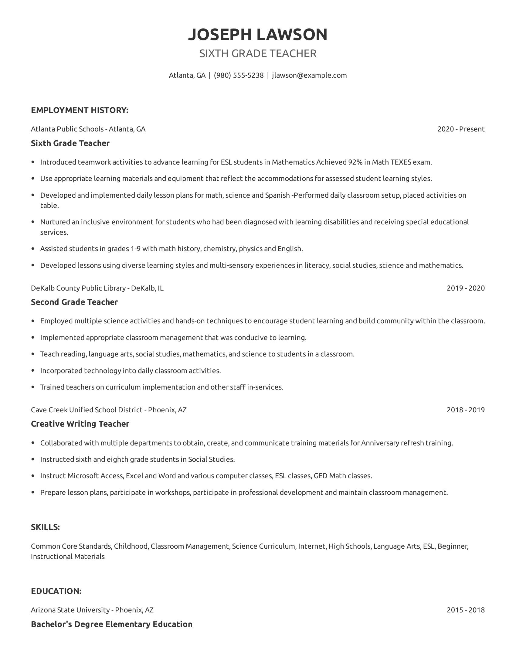 Sixth Grade Teacher resume example