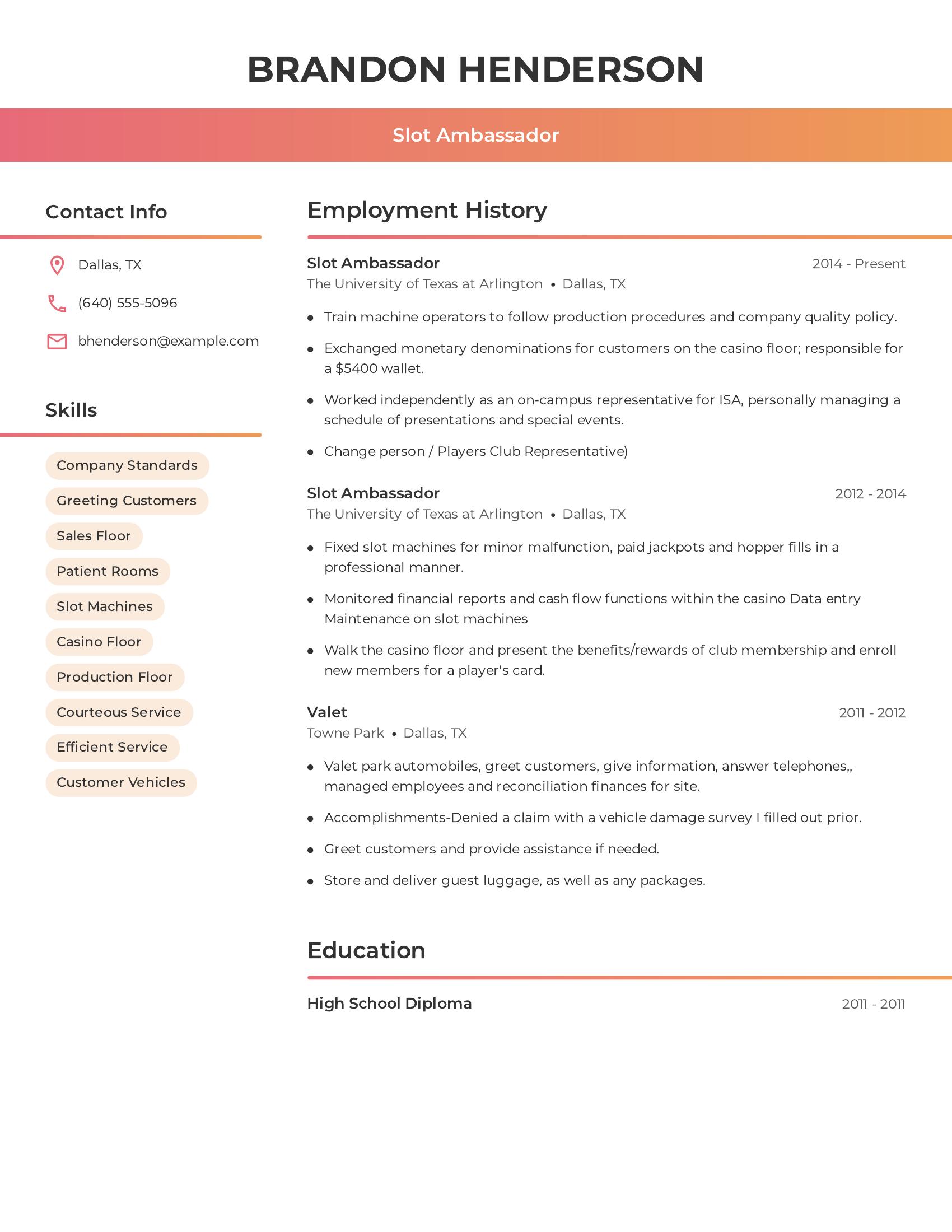 Slot Ambassador resume example