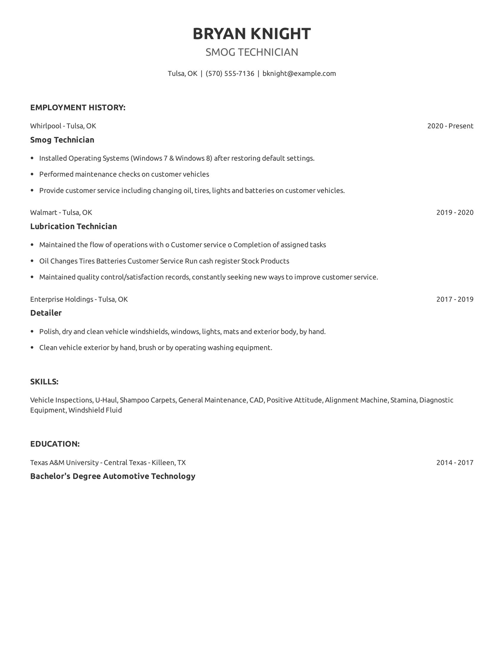 Smog Technician resume example