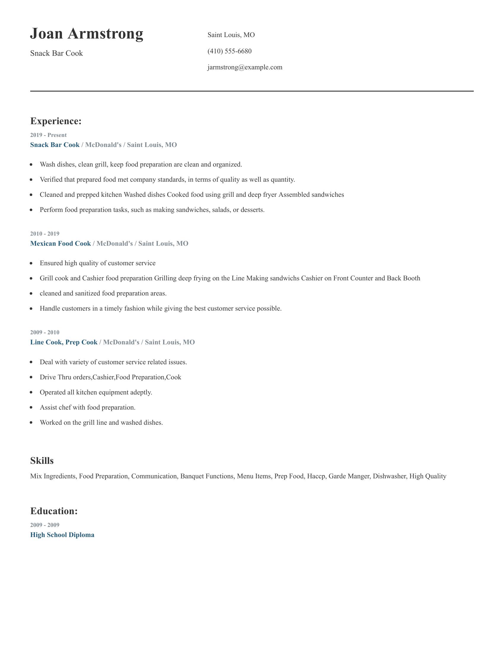 Snack Bar Cook resume example