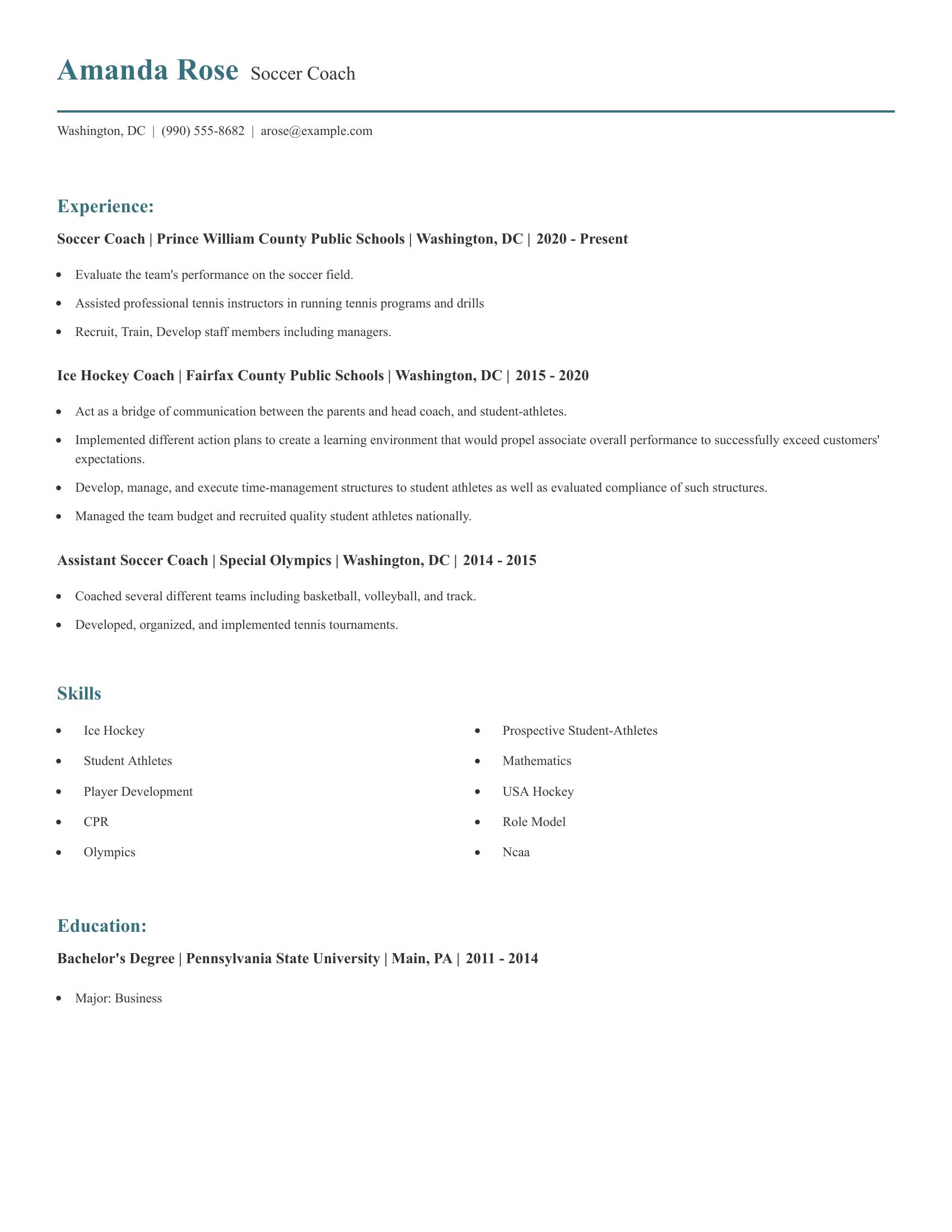 Soccer Coach resume example