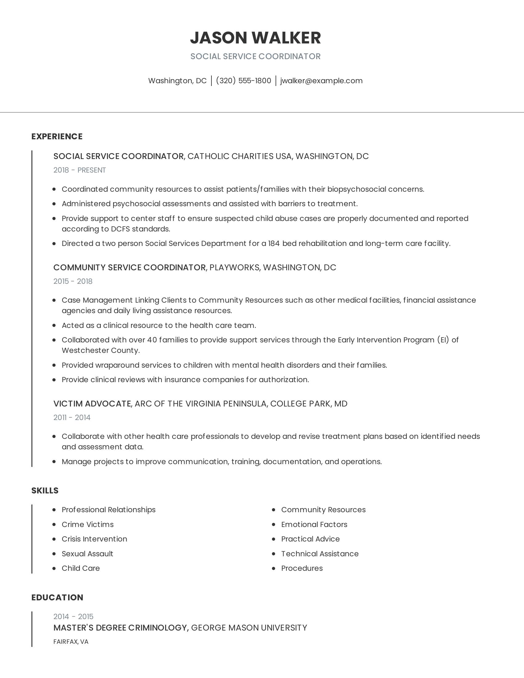 Social Service Coordinator resume example