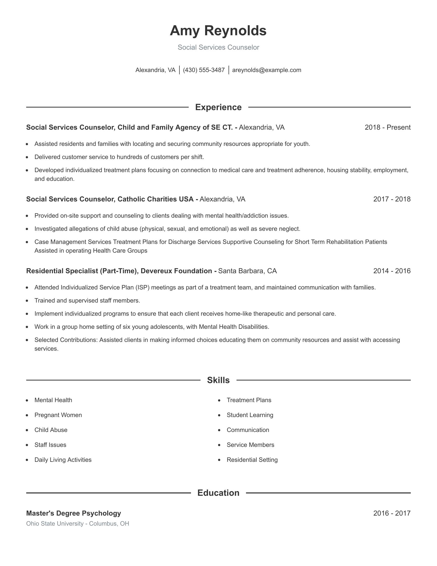 Social Services Counselor resume example