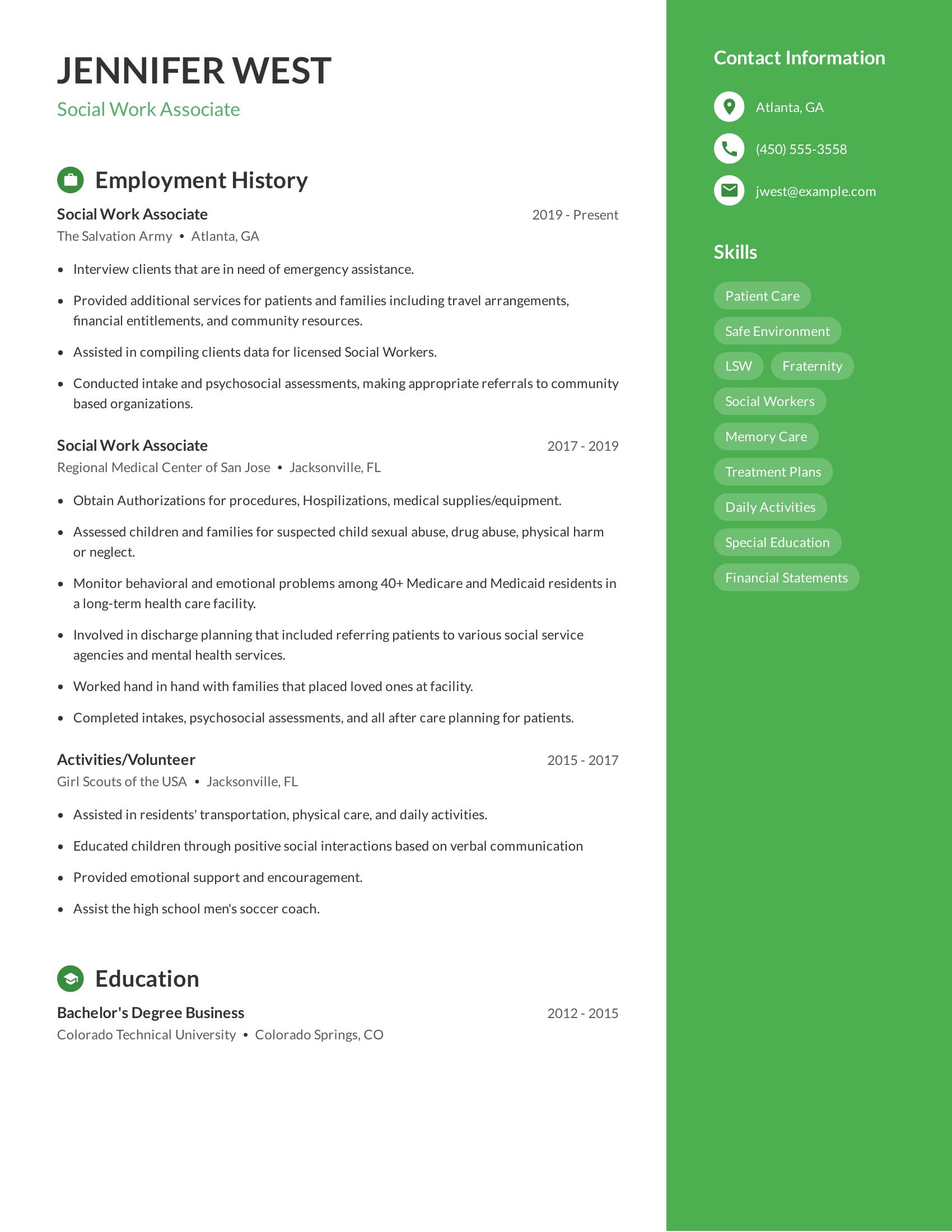 Social Work Associate resume example