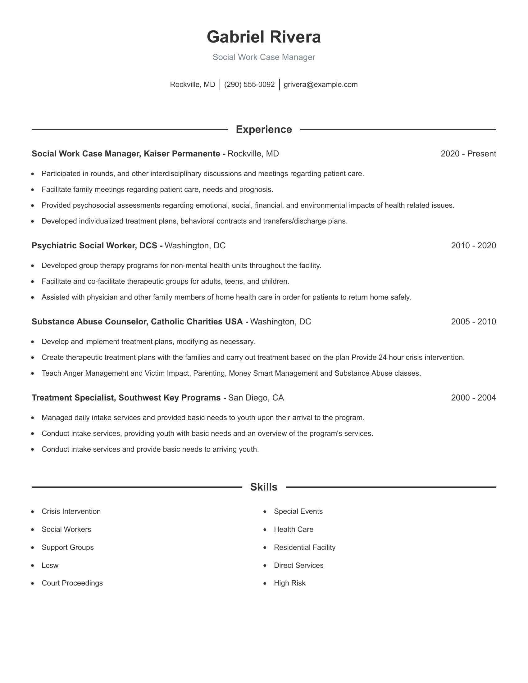 Social Work Case Manager resume example