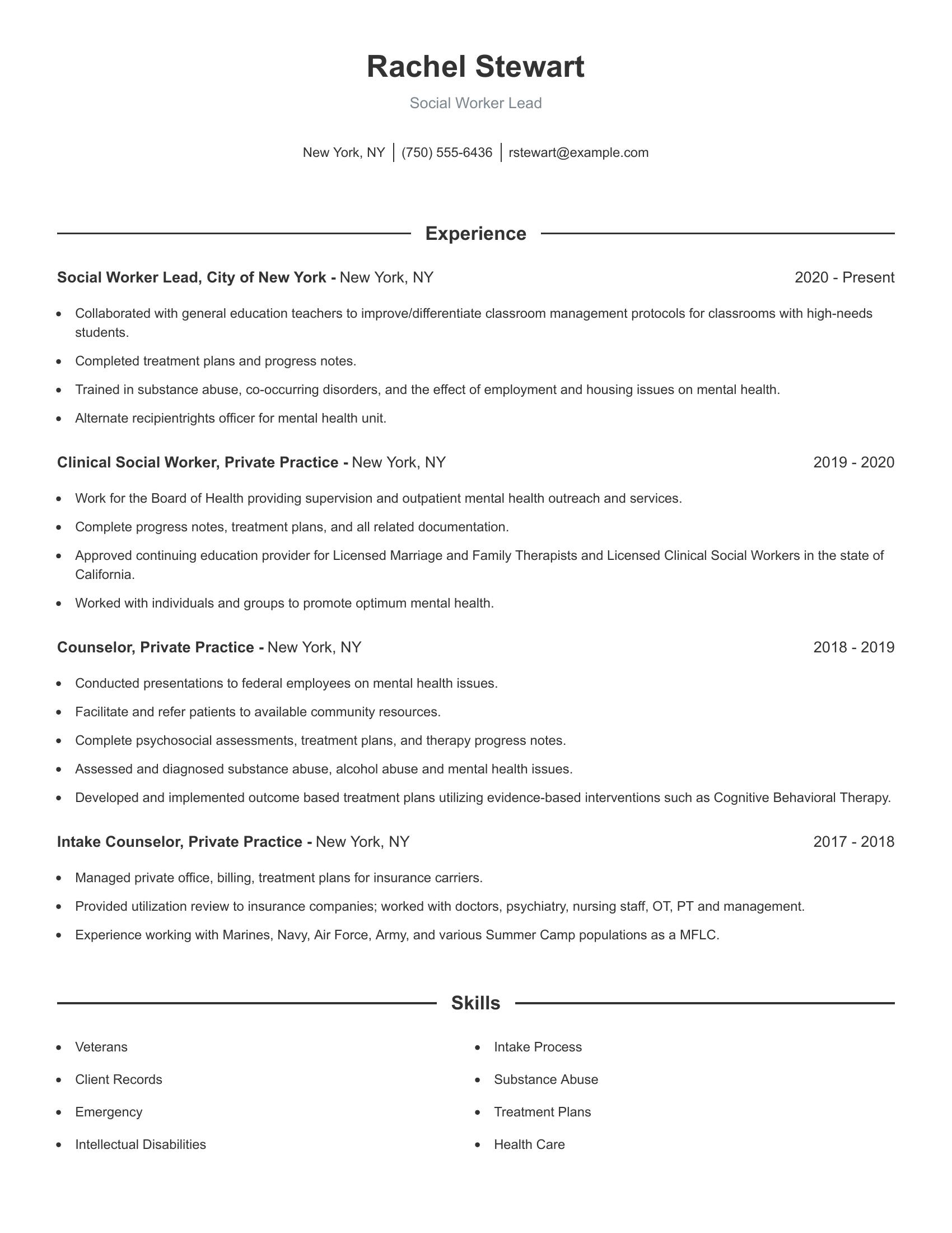 Social Worker Lead resume example