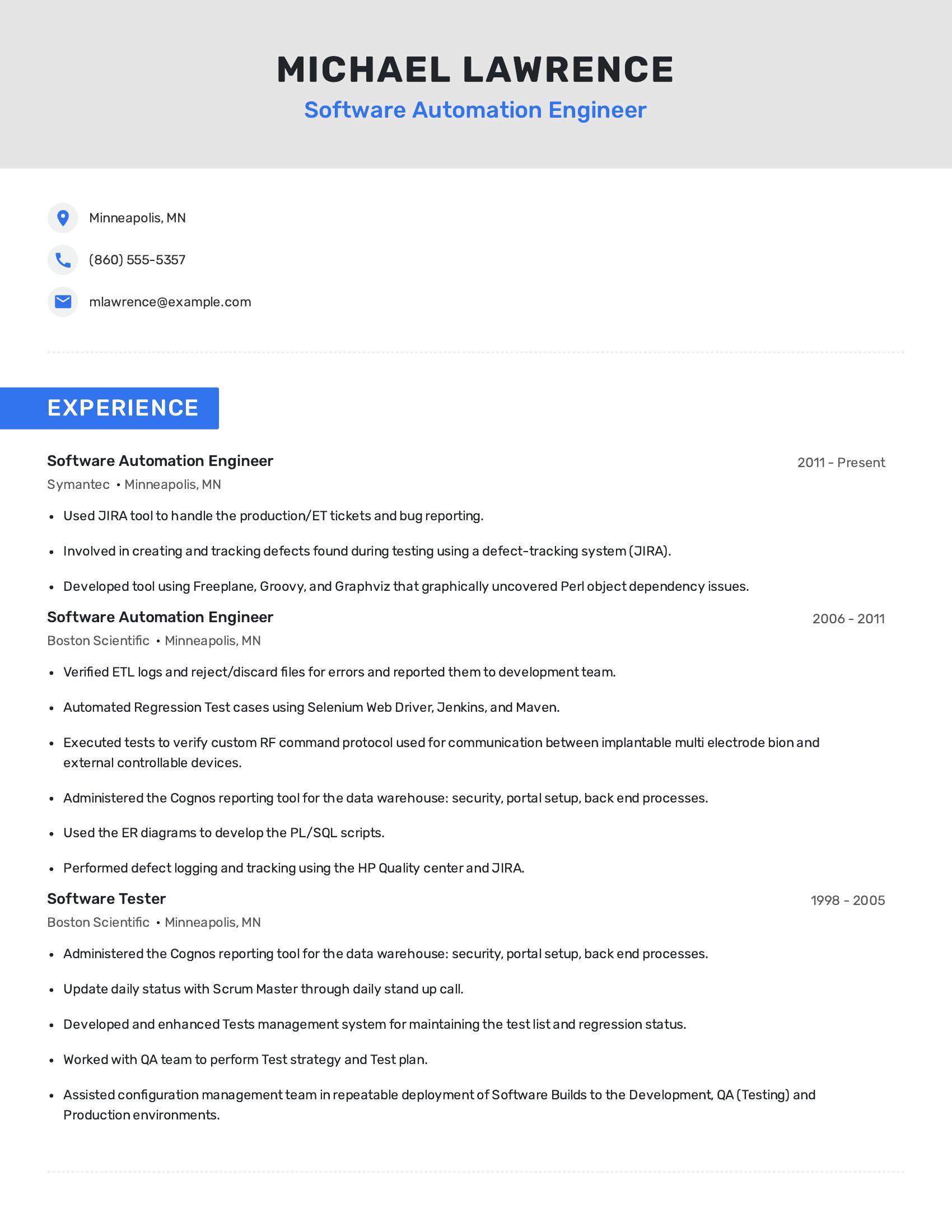 Software Automation Engineer resume example