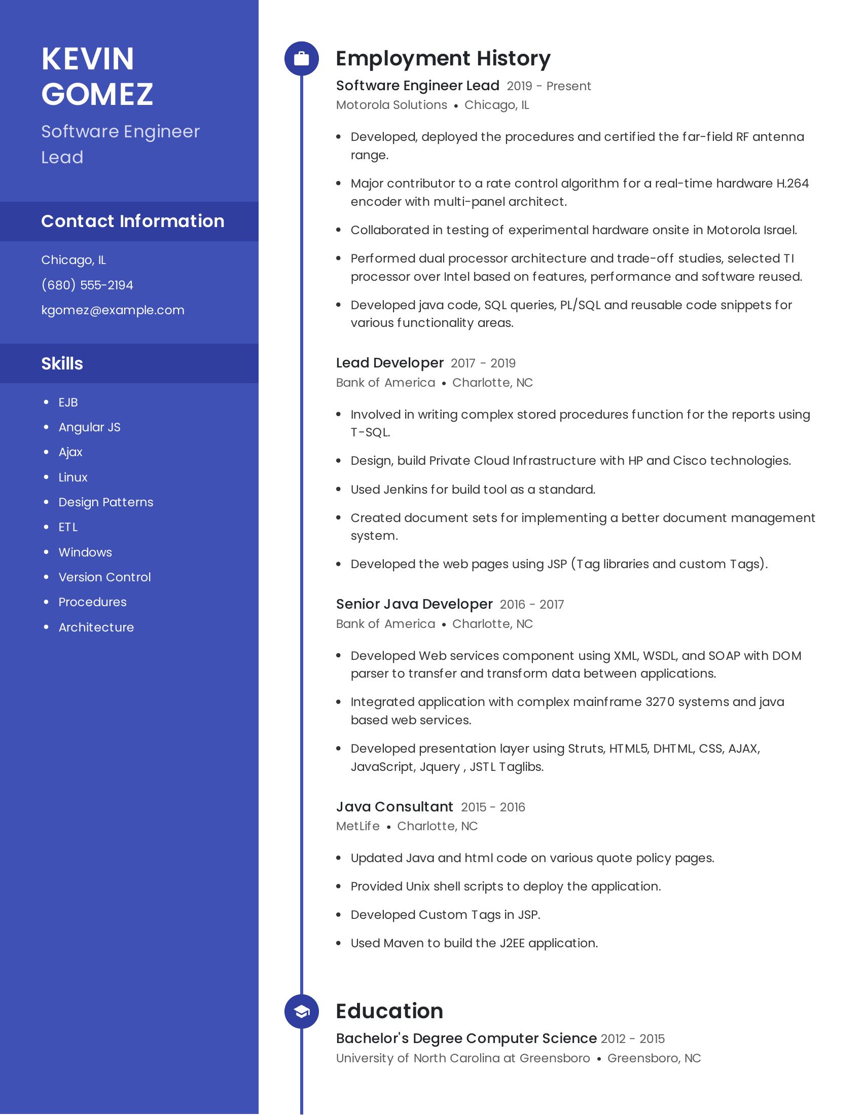 Software Engineer Lead resume example