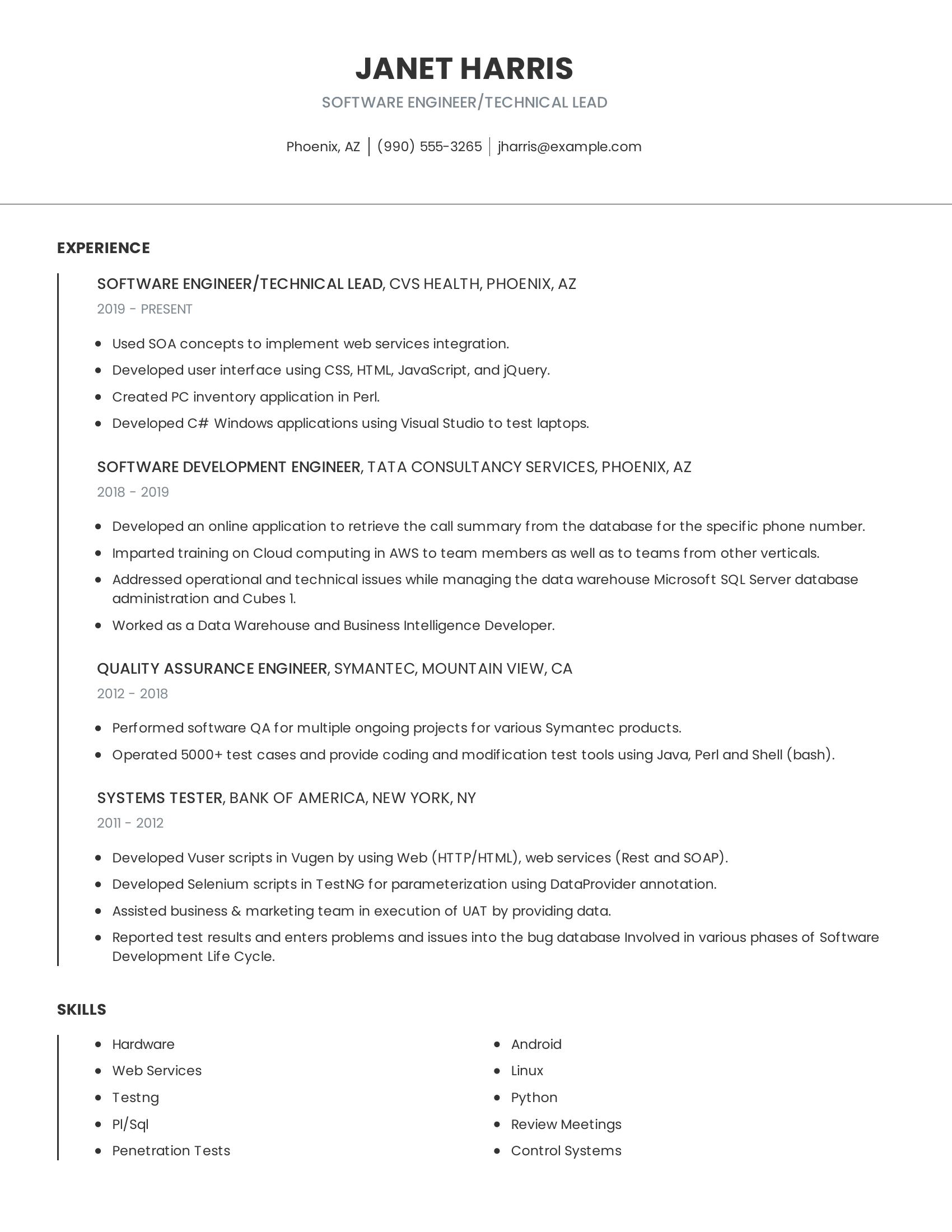 Software Engineer/Technical Lead resume example