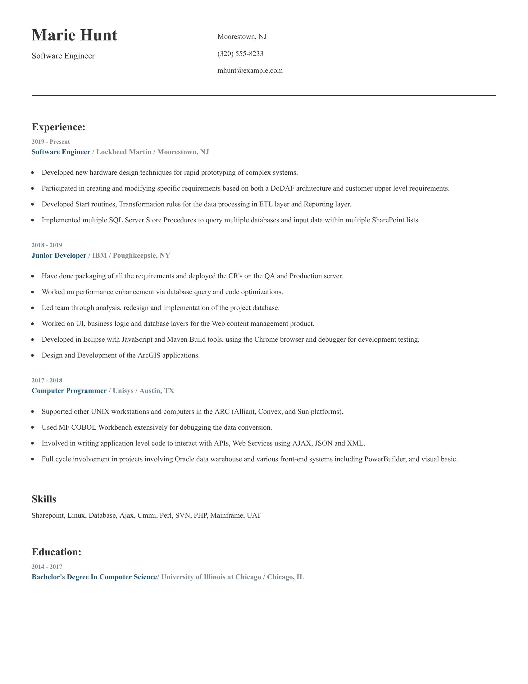 Software Engineer resume example