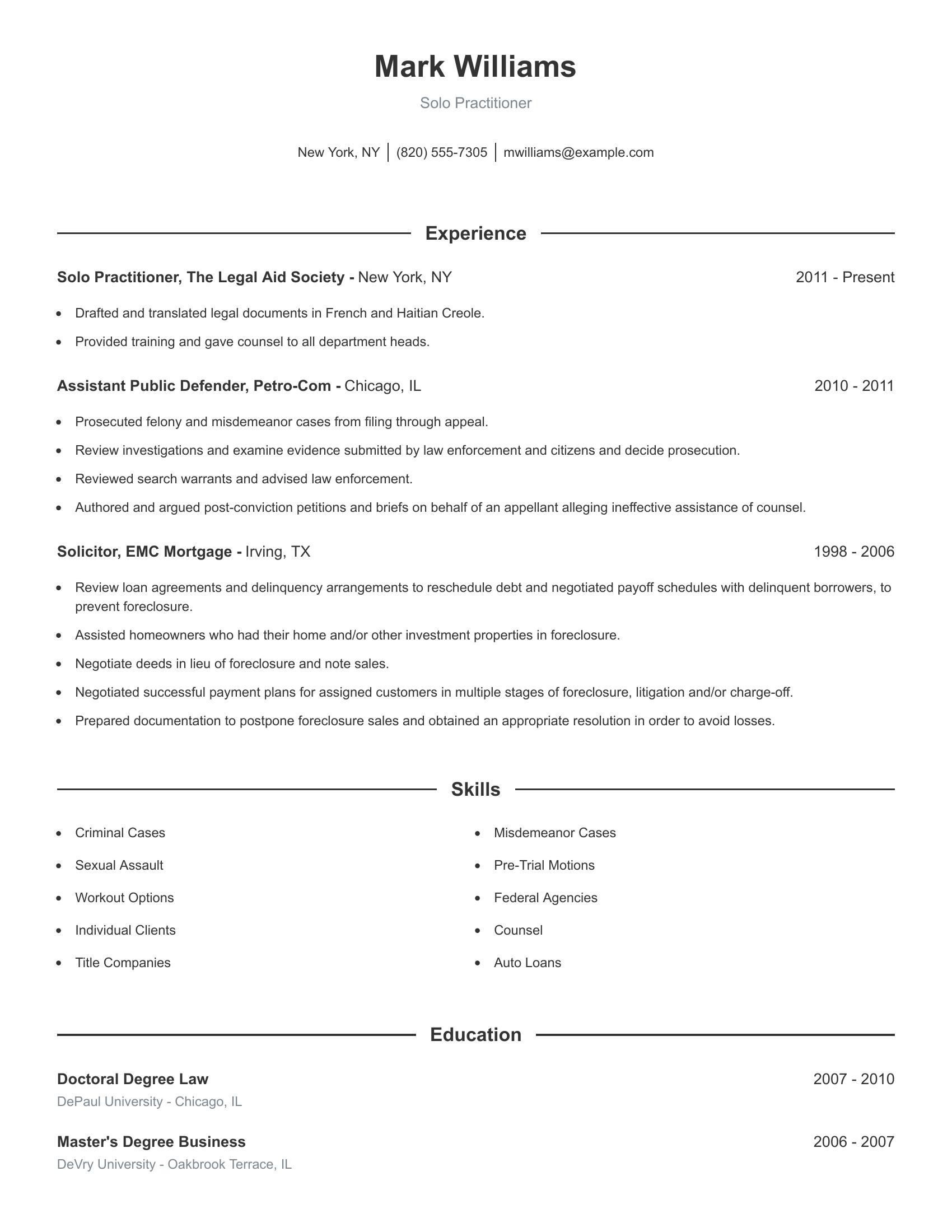 Solo Practitioner resume example