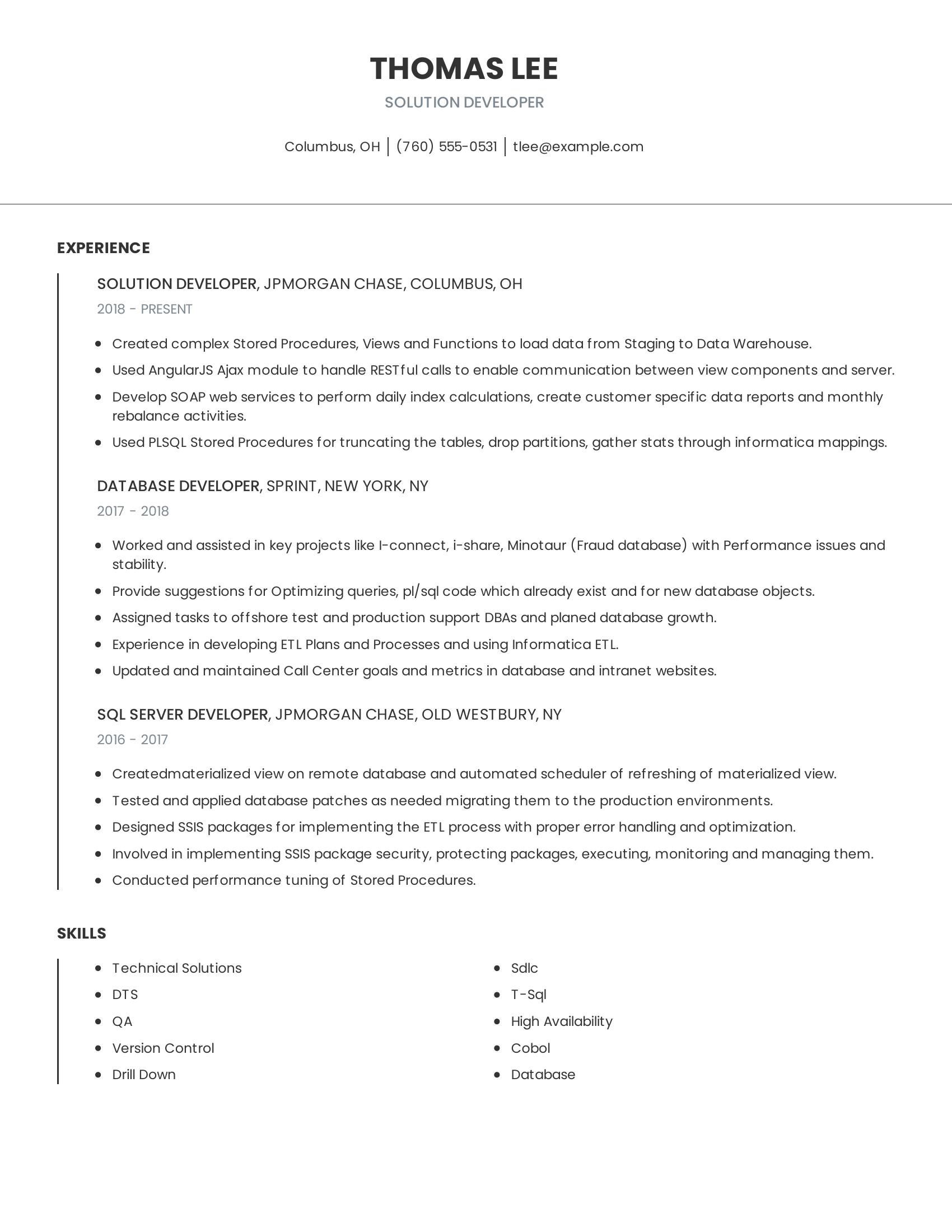 Solution Developer resume example