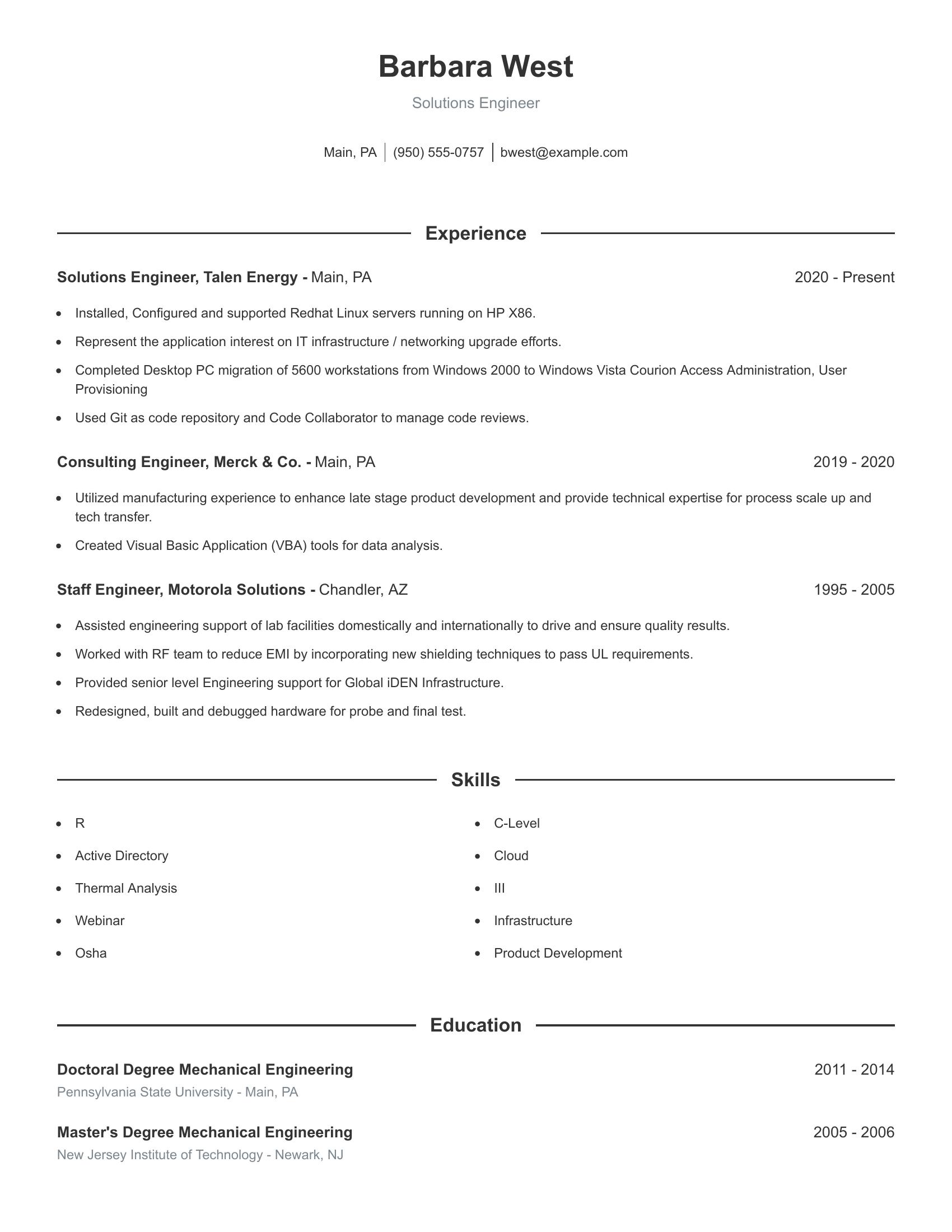 Solutions Engineer resume example